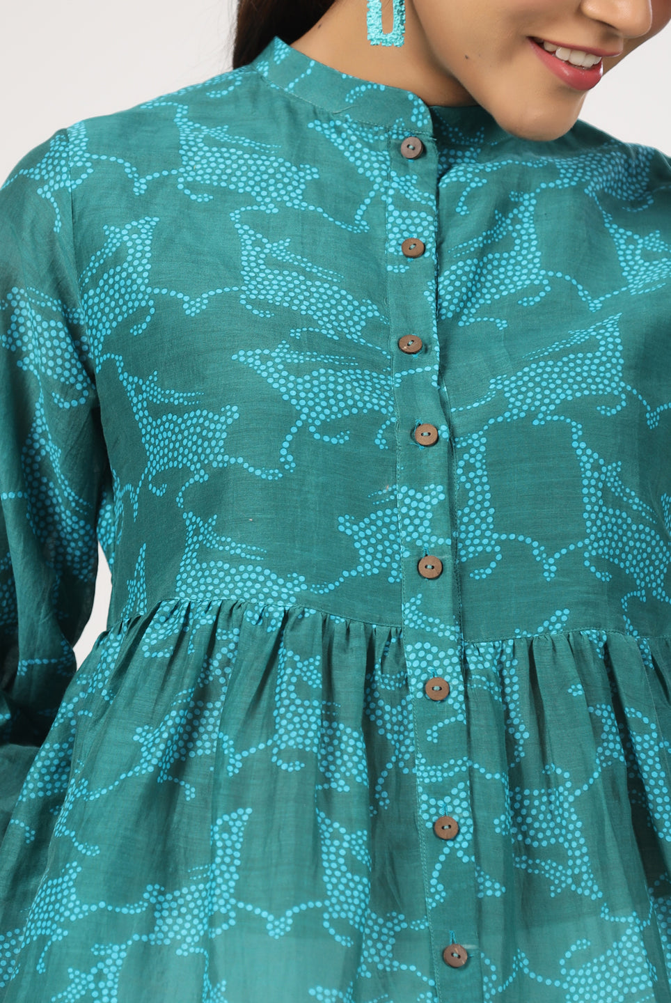Dancing Deer Print on Teal Cotton Silk Top | Jaipurrang | Women's Ethnic Wear