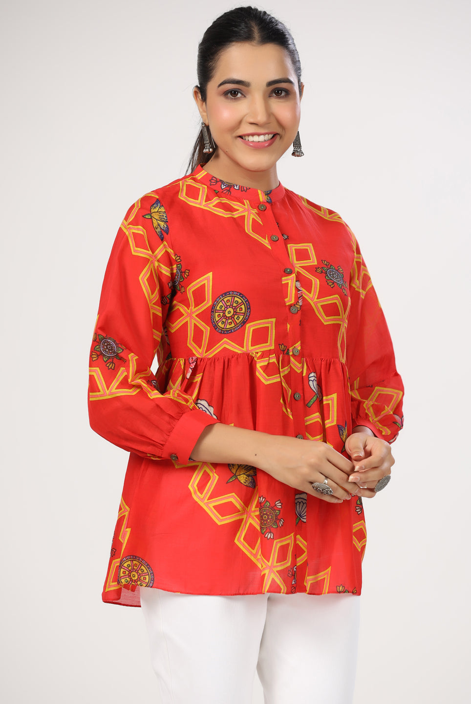 Diagonal Print on Red Cotton Silk Top | Jaipurrang | Women's Ethnic Wear