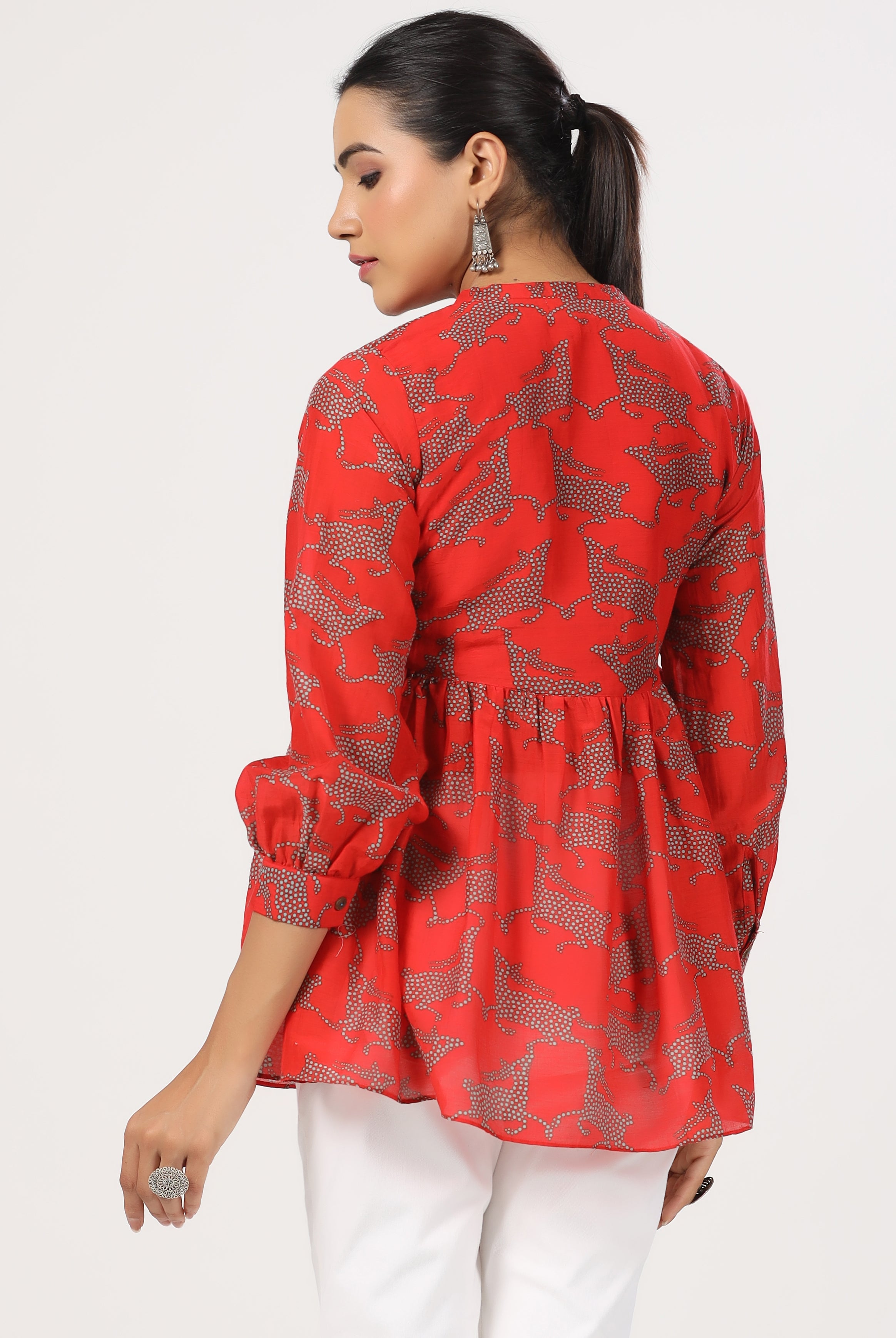Dancing Deer Print on Red Cotton Silk Top | Jaipurrang | Women's Ethnic Wear