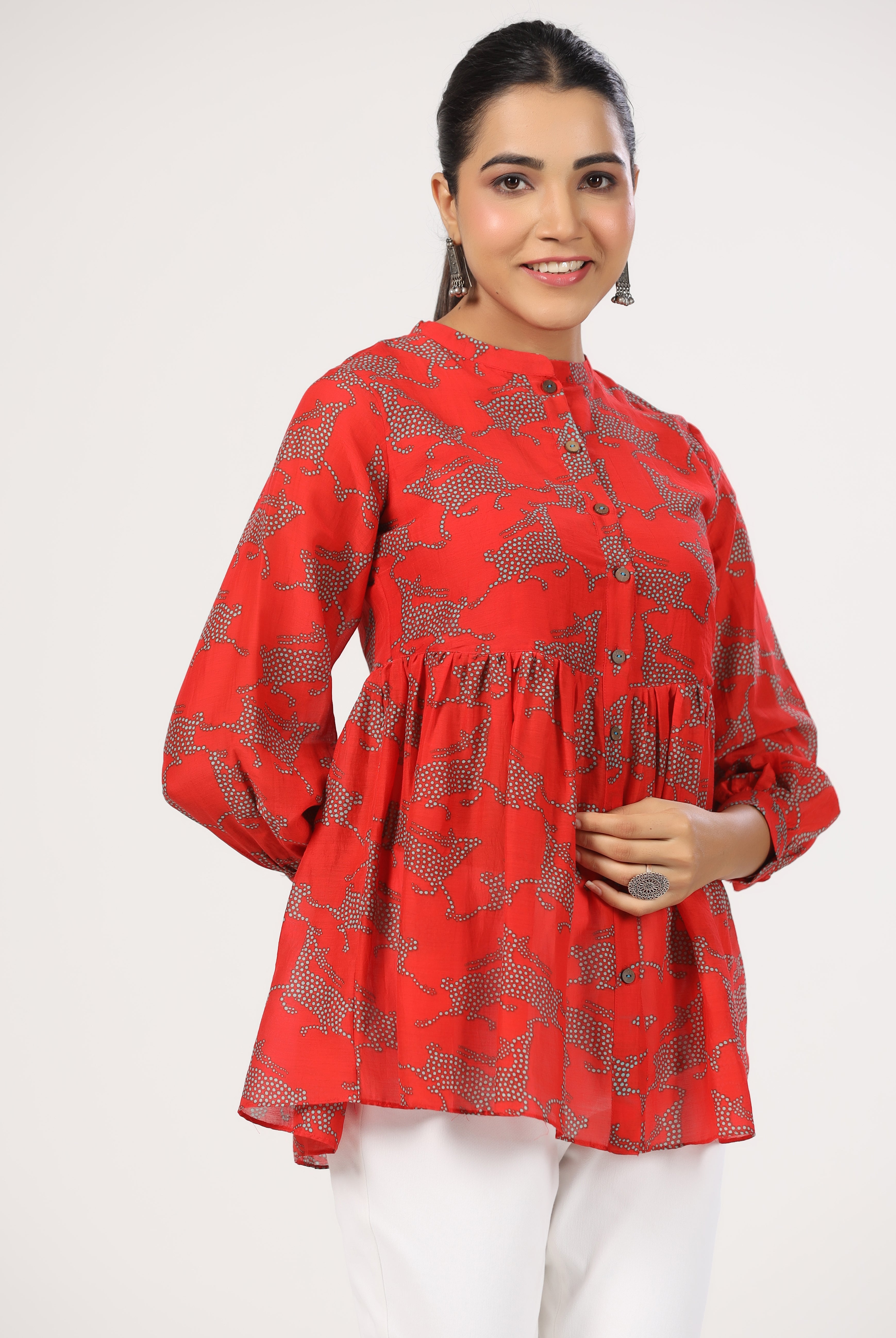 Dancing Deer Print on Red Cotton Silk Top | Jaipurrang | Women's Ethnic Wear