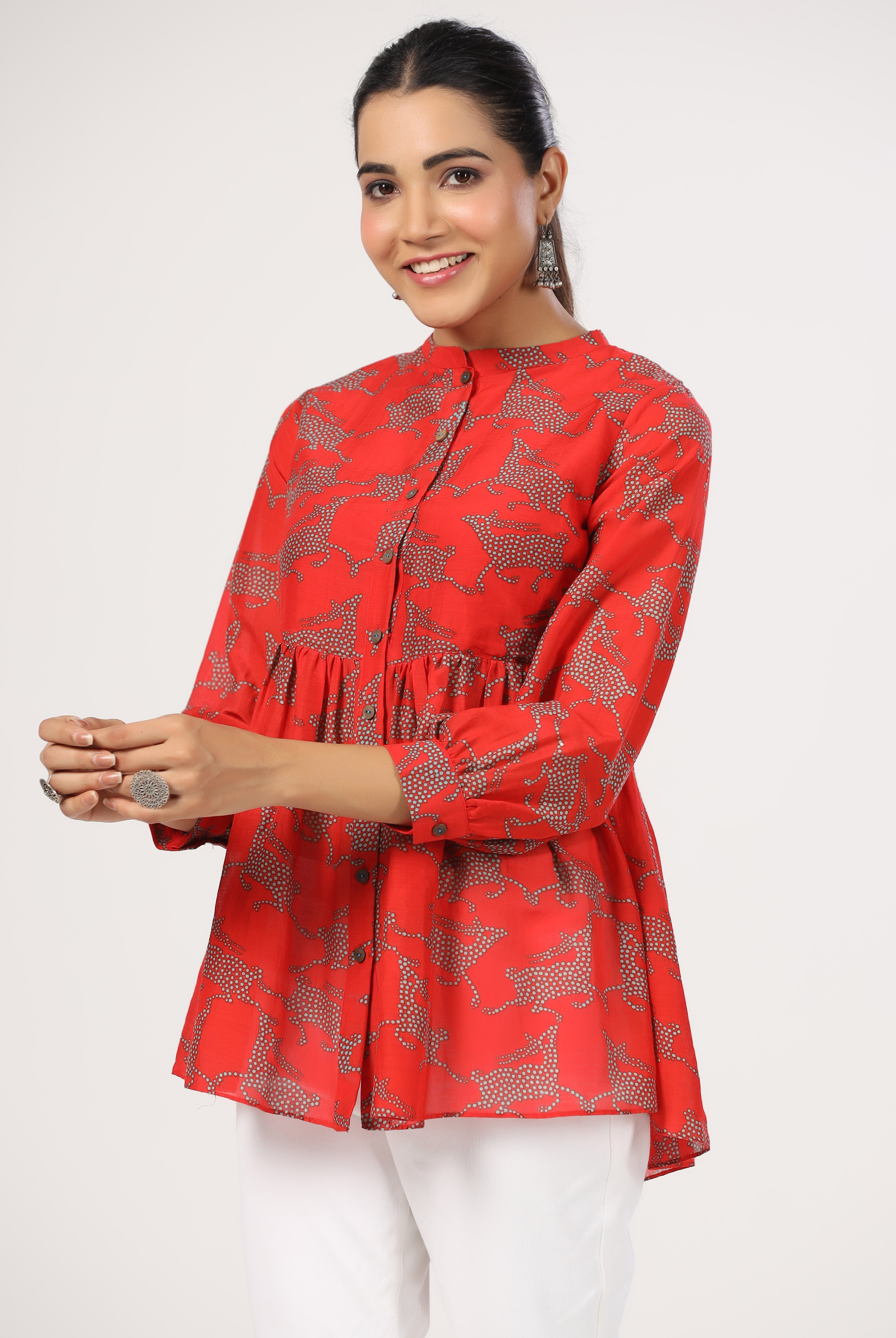 Dancing Deer Print on Red Cotton Silk Top | Jaipurrang | Women's Ethnic Wear
