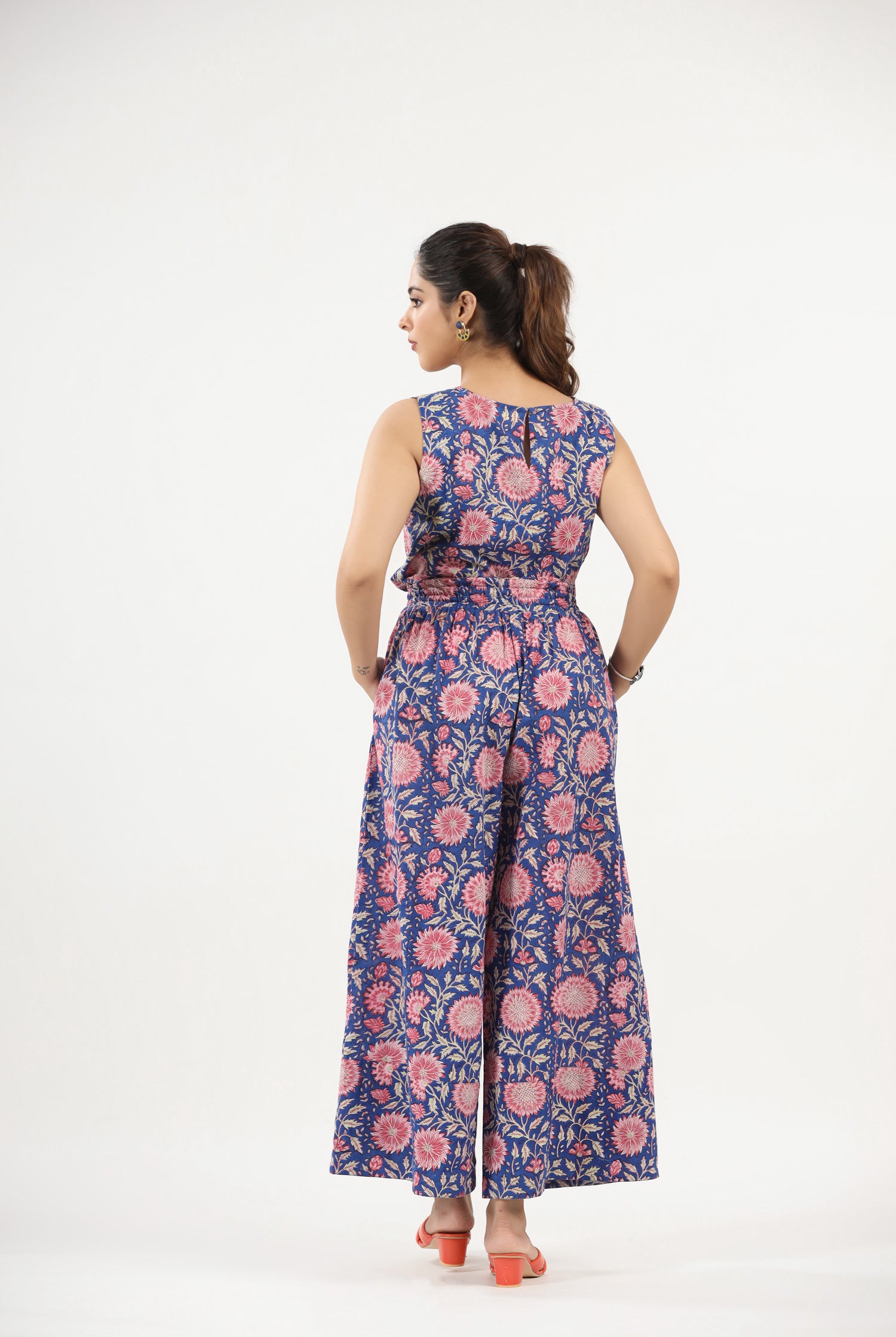 Jaal Block Print on Blue Cotton Jumpsuit | Jaipurrang | Hand Block Print Ethnic Wear