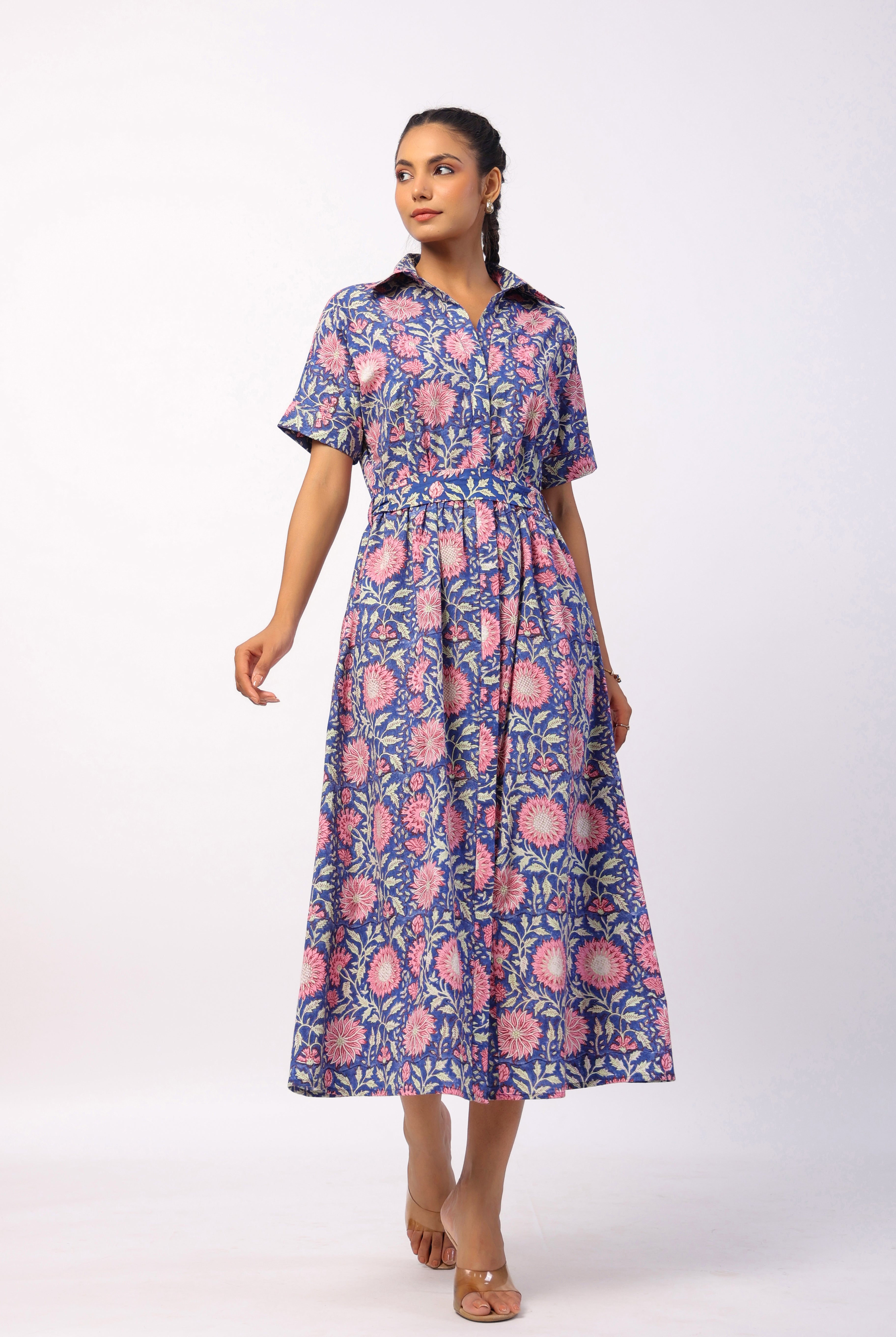 Zaal Block Print on Indigo Cotton Belted Shirt Dress | Jaipurrang | Hand Block Print Ethnic Wear