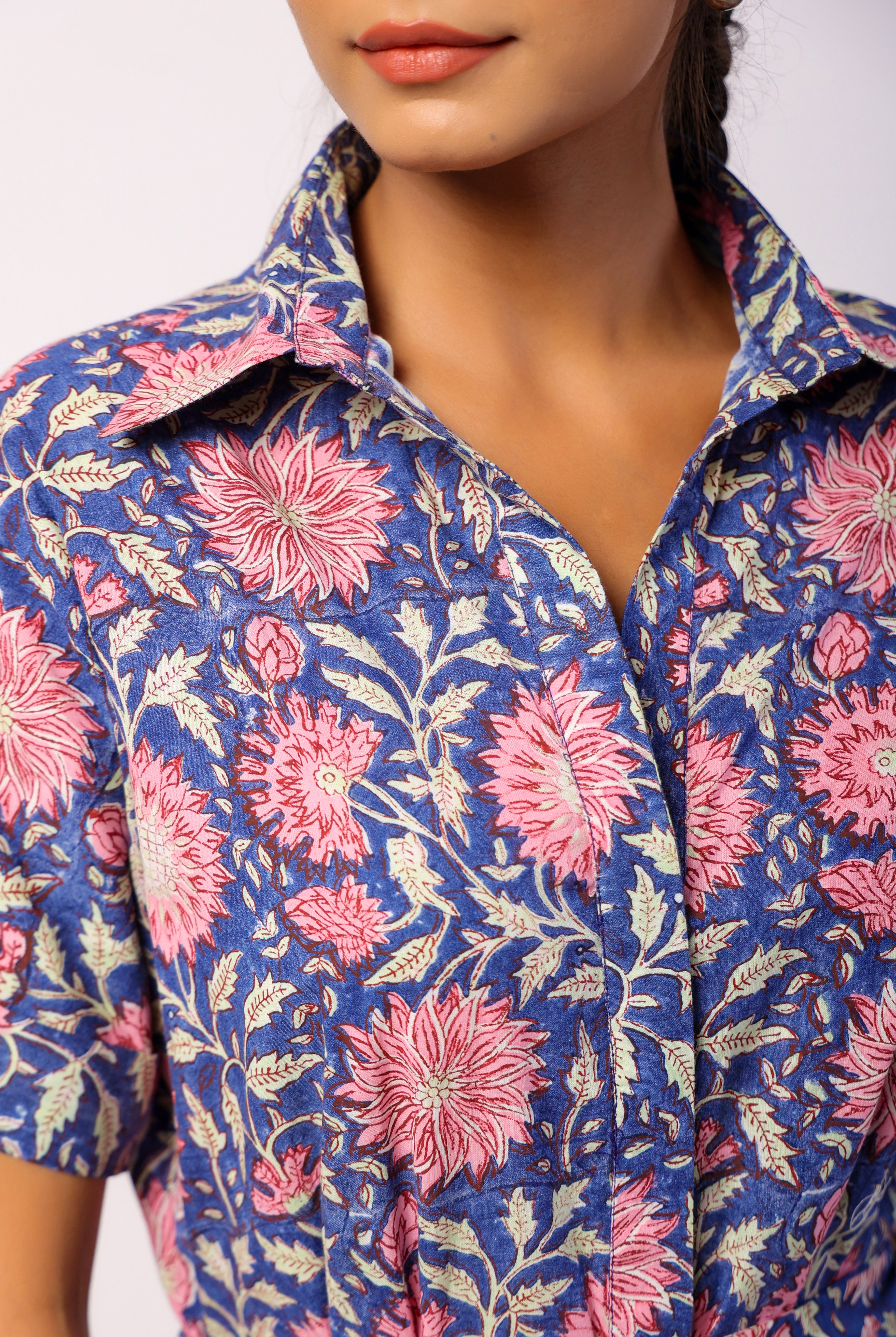 Zaal Block Print on Indigo Cotton Belted Shirt Dress | Jaipurrang | Hand Block Print Ethnic Wear