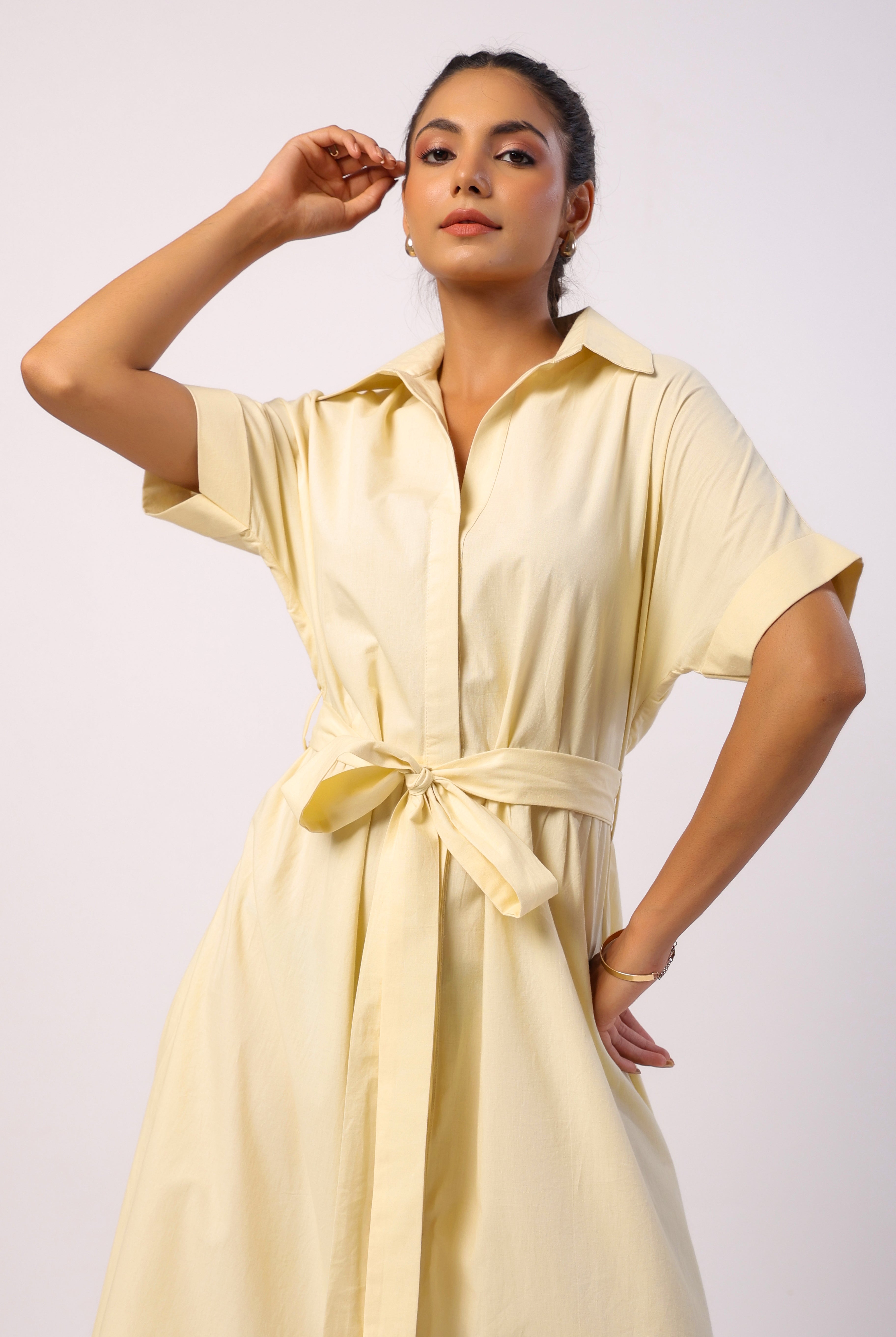 Solid on Ivory Cotton Belted Shirt Dress | Jaipurrang | Women's Ethnic Wear