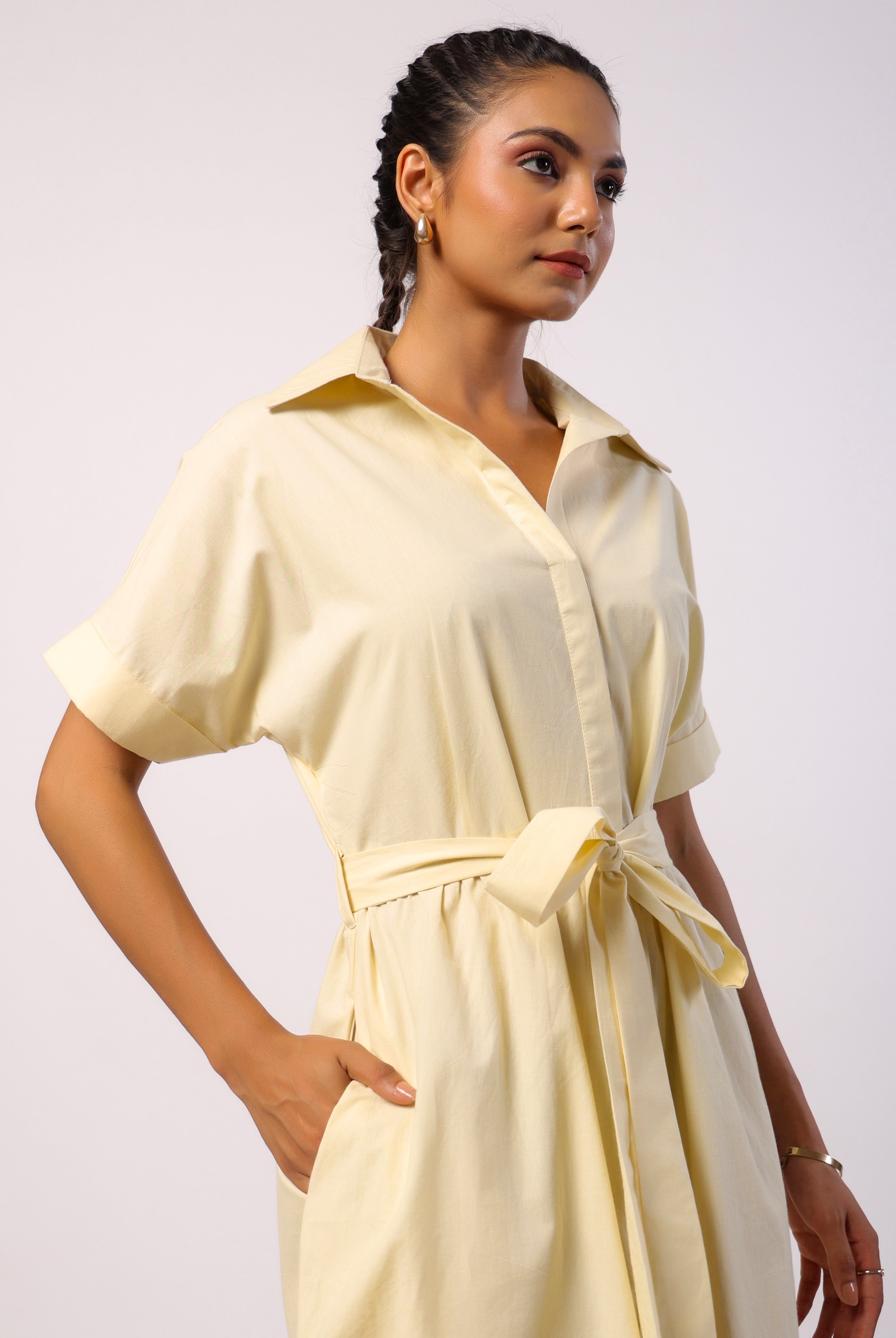 Solid on Ivory Cotton Belted Shirt Dress | Jaipurrang | Women's Ethnic Wear