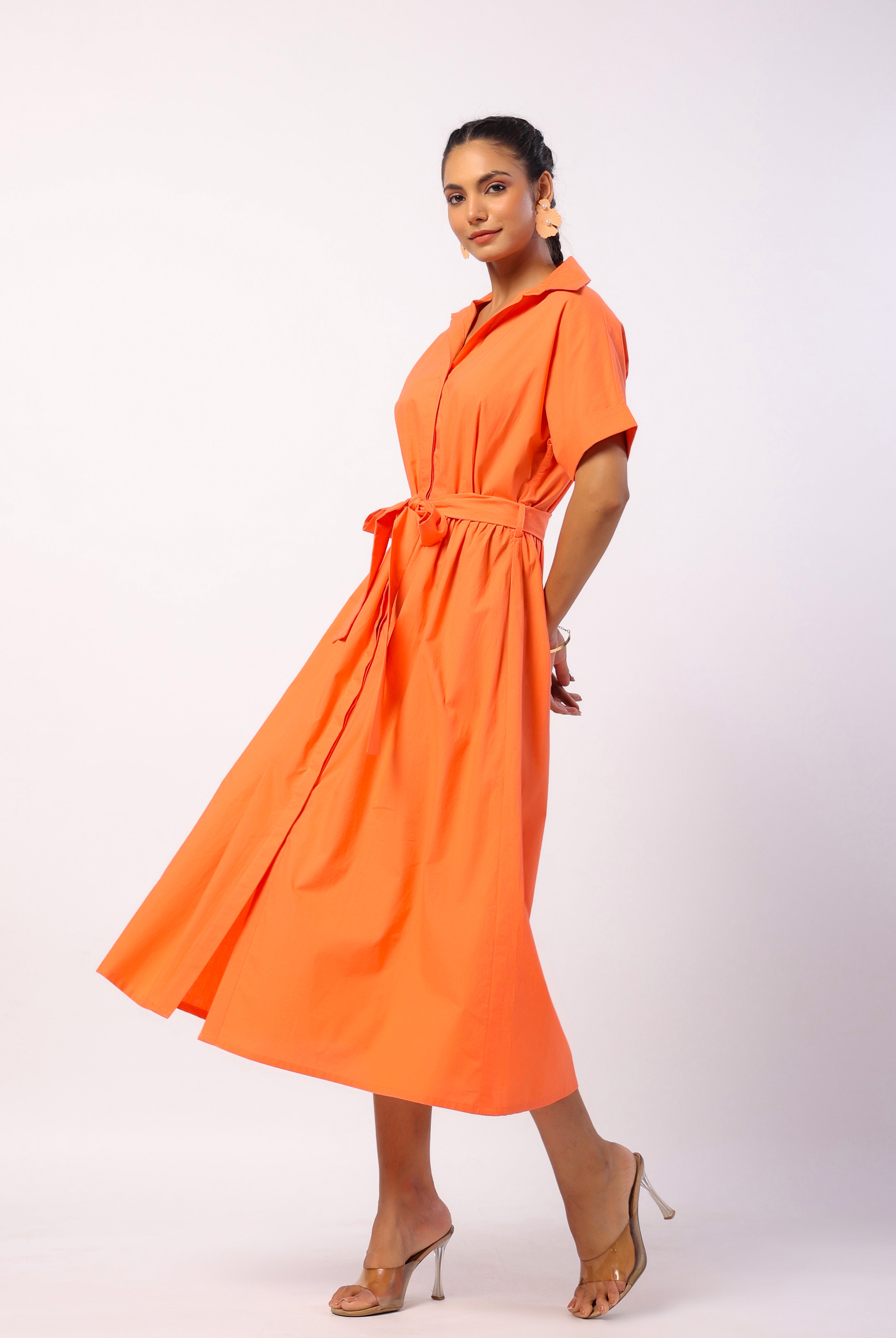 Solid on Tangerine Cotton Belted Shirt Dress | Jaipurrang | Women's Ethnic Wear