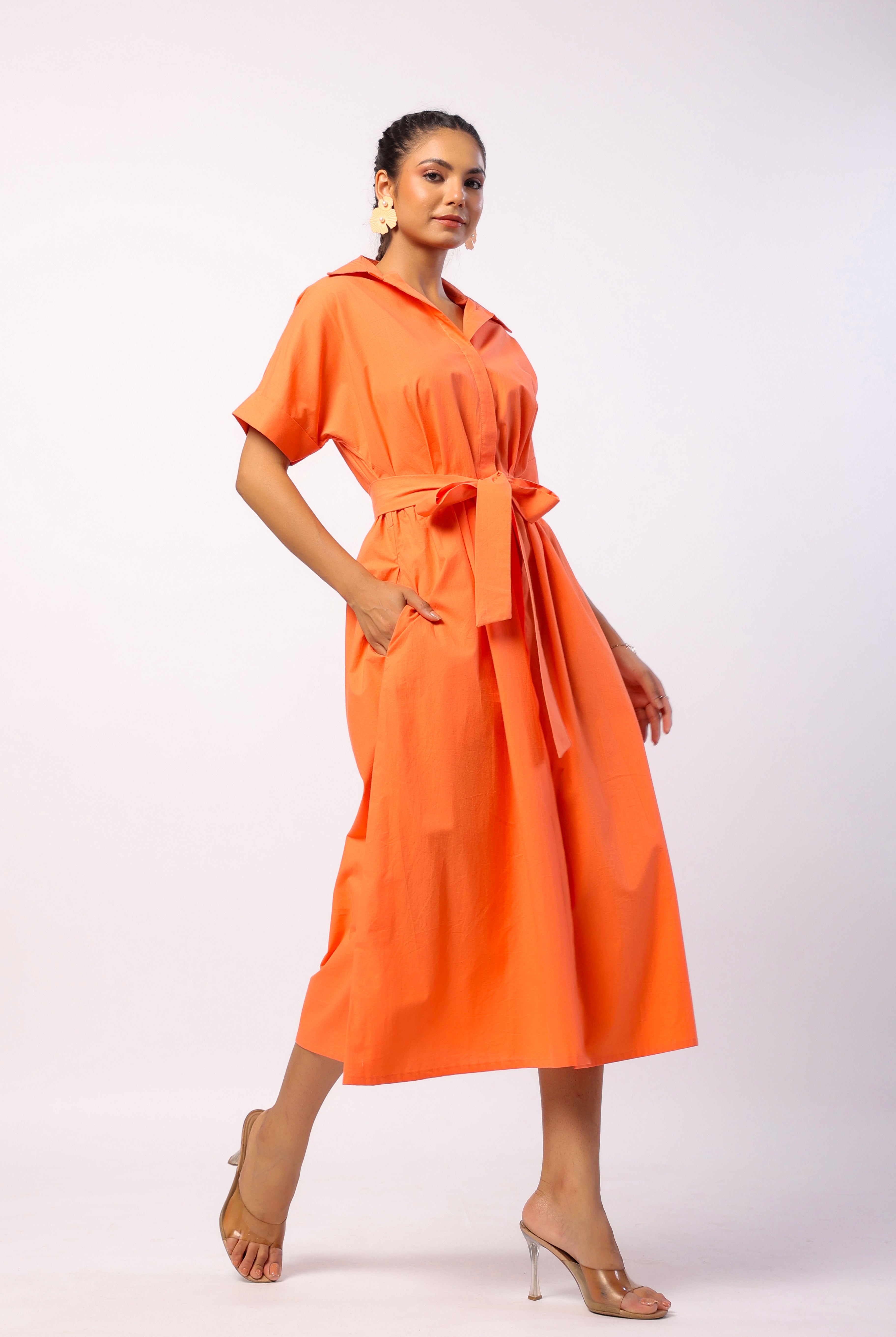 Solid on Tangerine Cotton Belted Shirt Dress | Jaipurrang | Women's Ethnic Wear