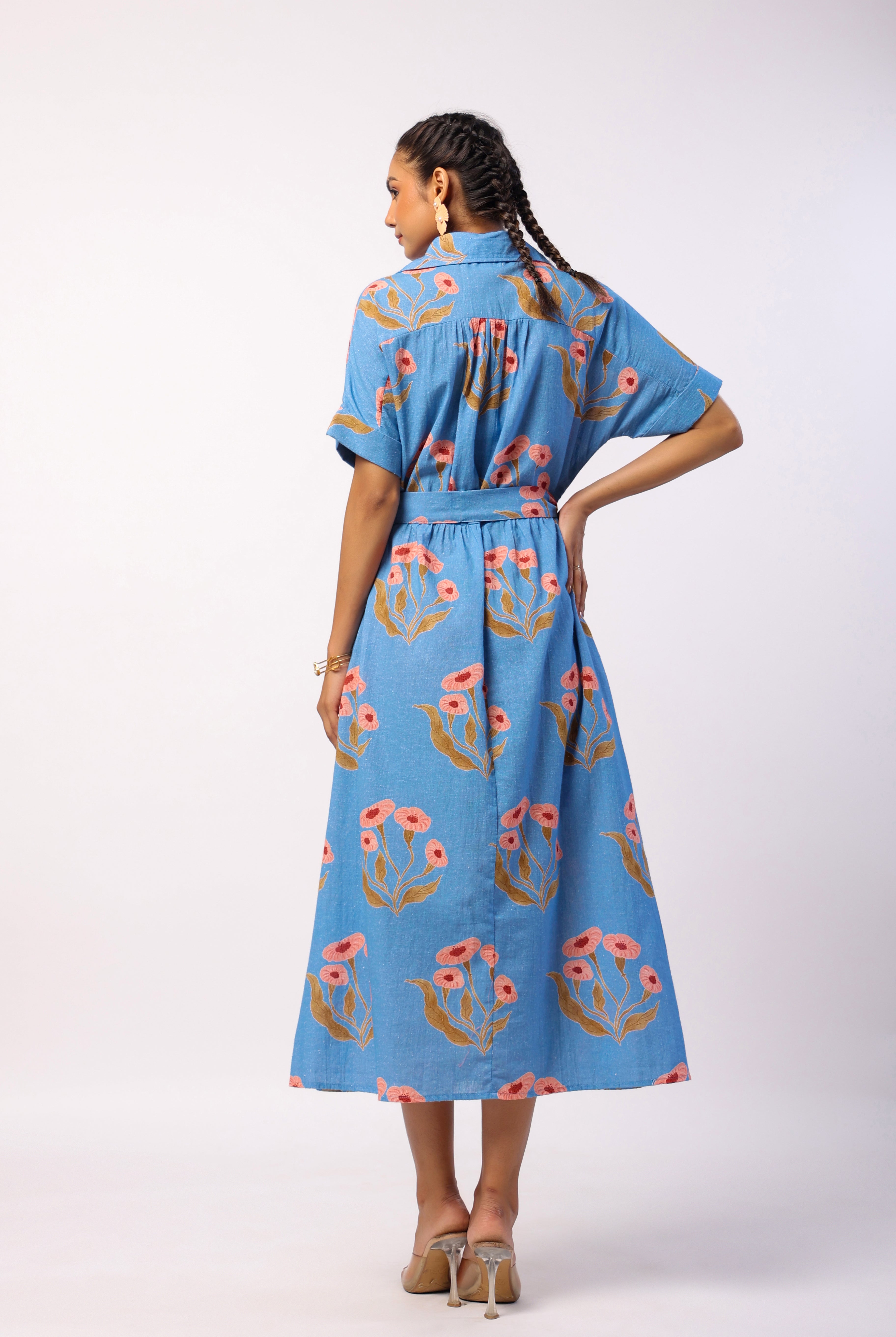 Flower Butta Print on Powder Blue Cotton Linen Belted Shirt Dress | Jaipurrang | Women's Ethnic Wear