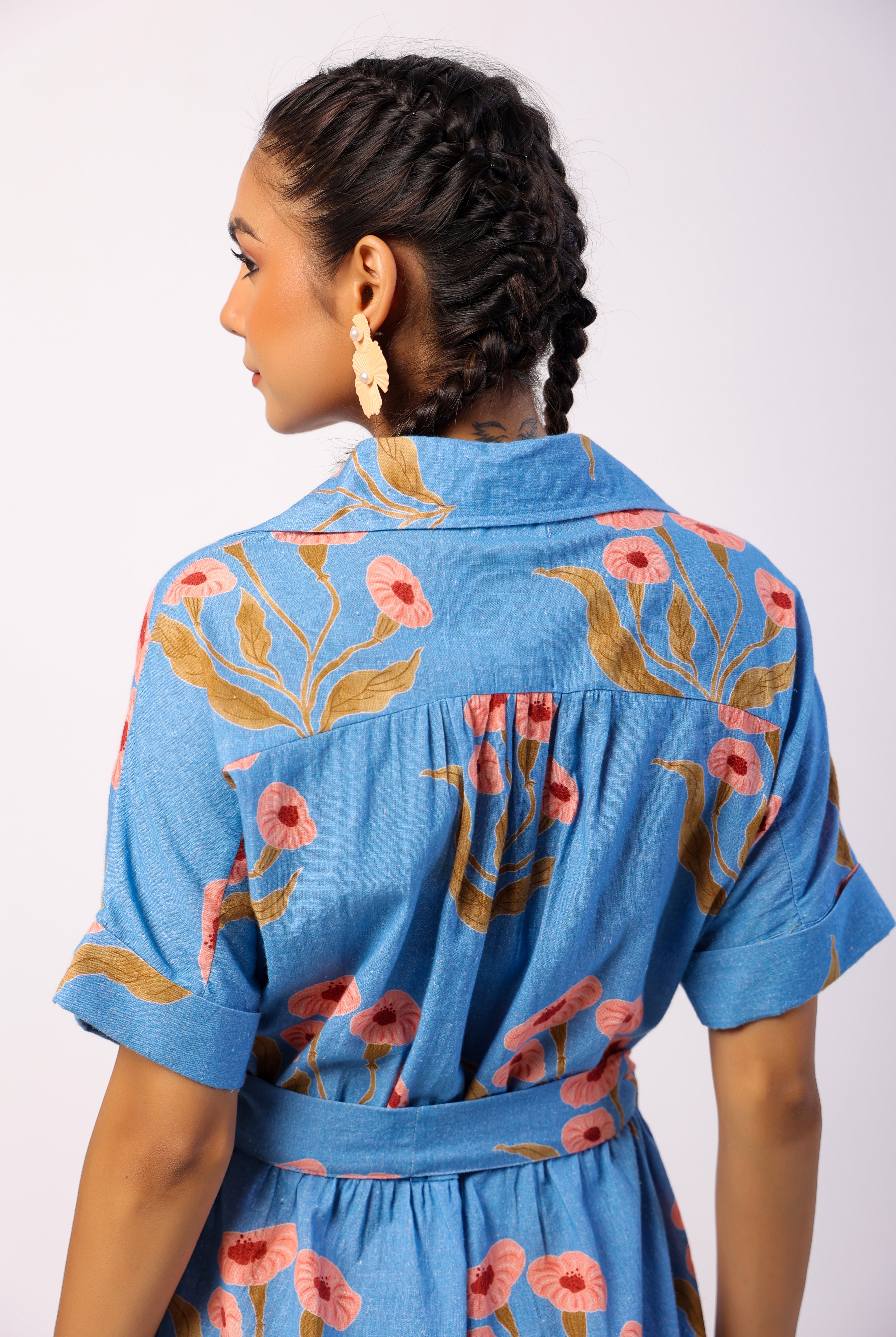 Flower Butta Print on Powder Blue Cotton Linen Belted Shirt Dress | Jaipurrang | Women's Ethnic Wear