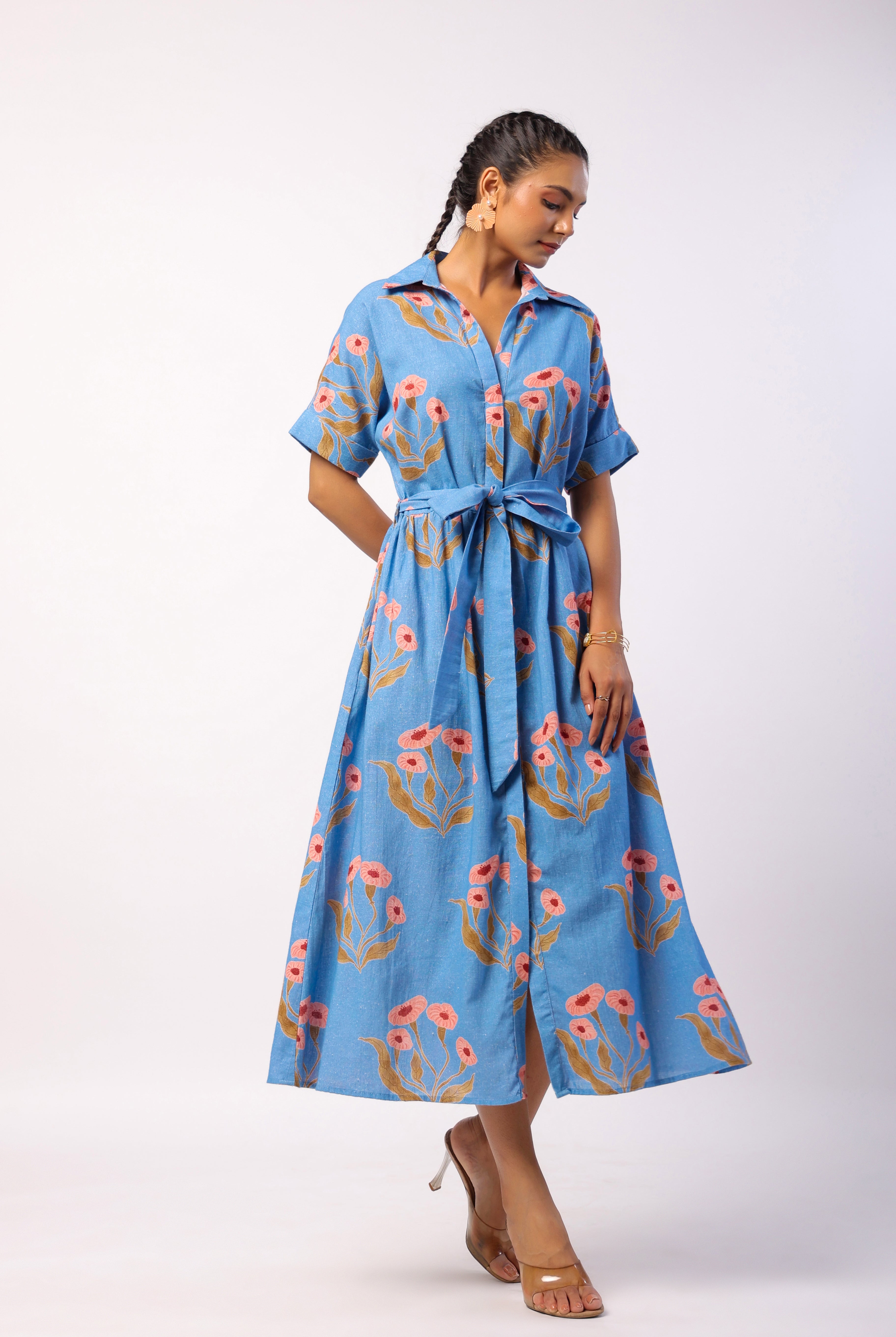 Flower Butta Print on Powder Blue Cotton Linen Belted Shirt Dress | Jaipurrang | Women's Ethnic Wear