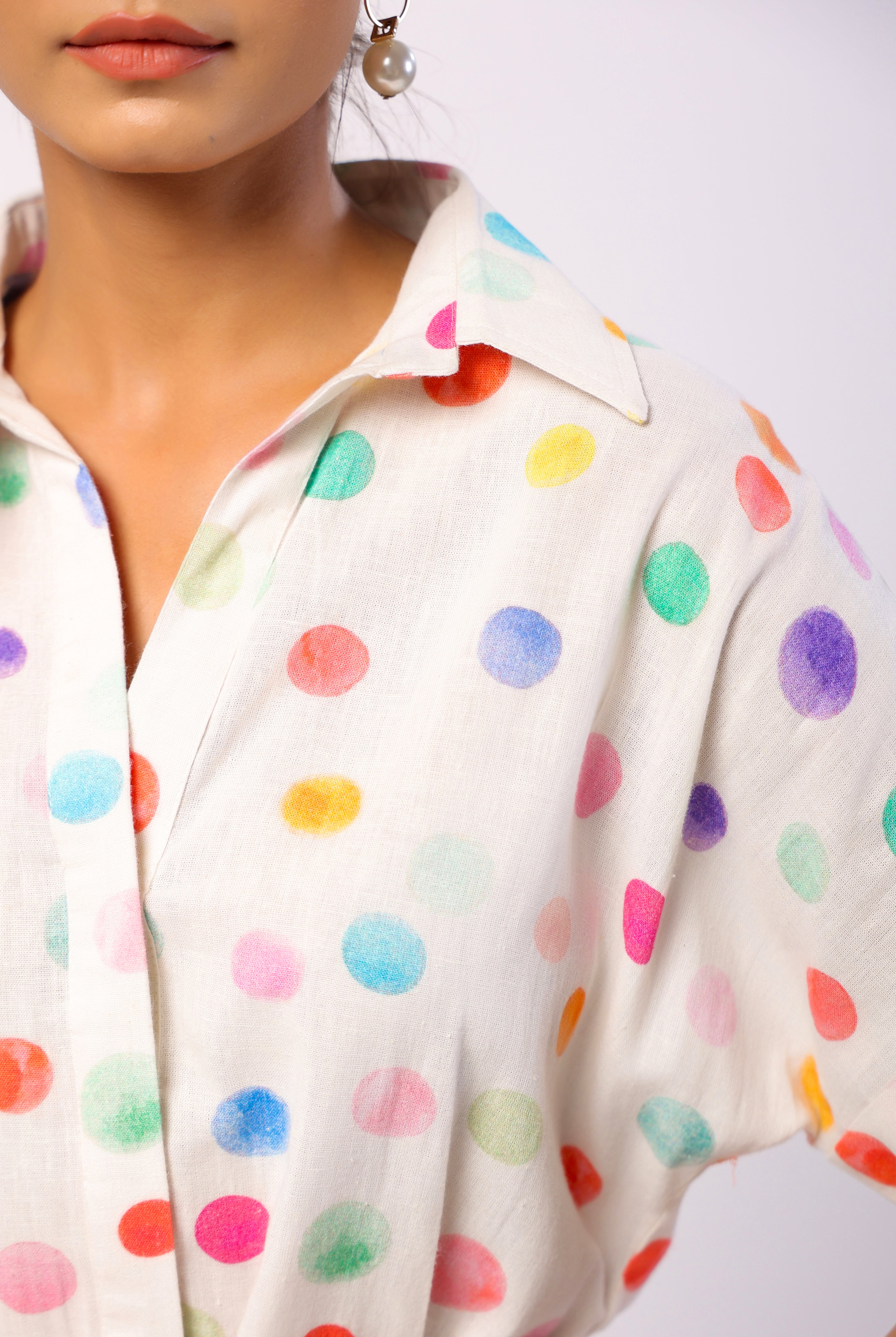 Polka Dot Print on Ivory Cotton Linen Belted Shirt Dress | Jaipurrang | Women's Ethnic Wear
