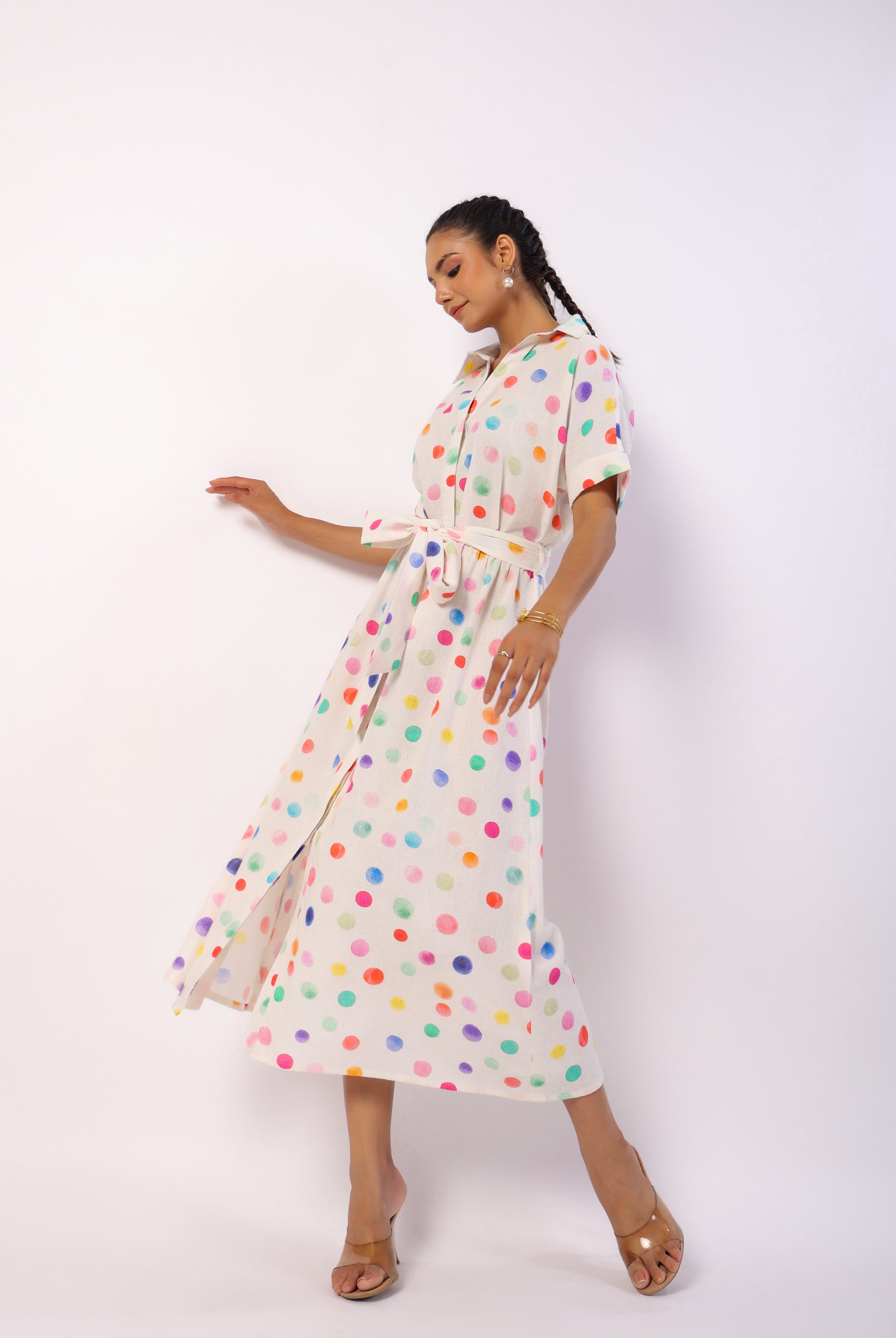 Polka Dot Print on Ivory Cotton Linen Belted Shirt Dress | Jaipurrang | Women's Ethnic Wear