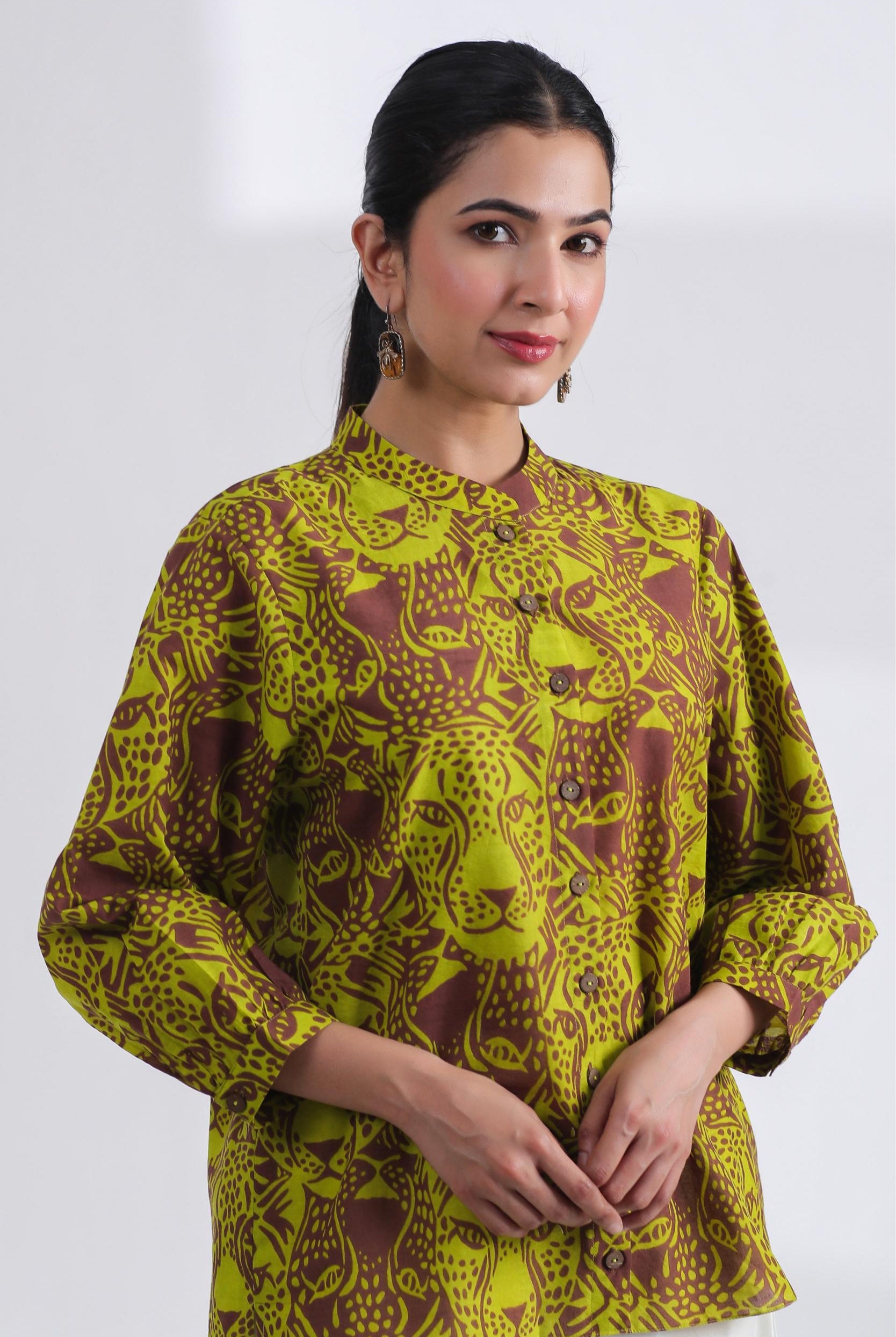 Tiger Print on Brown Lime Cotton Crop Shirt | Jaipurrang | Hand Block Print Ethnic Wear