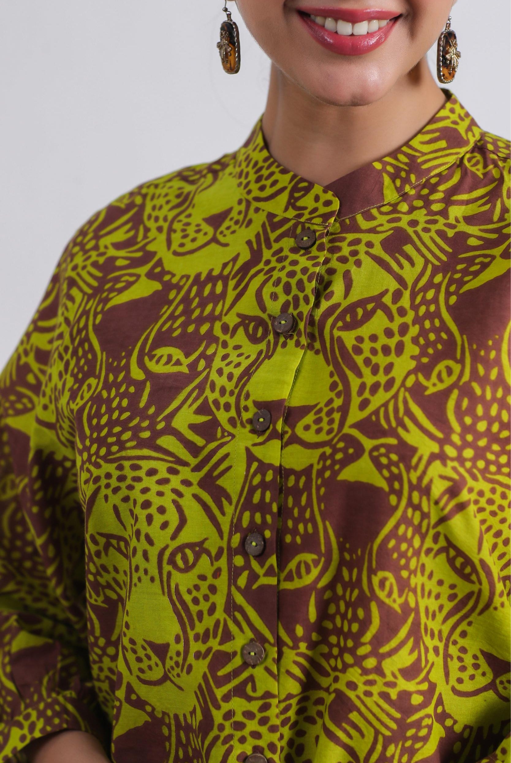 Tiger Print on Blue Lime Cotton Crop Shirt | Jaipurrang | Hand Block Print Ethnic Wear