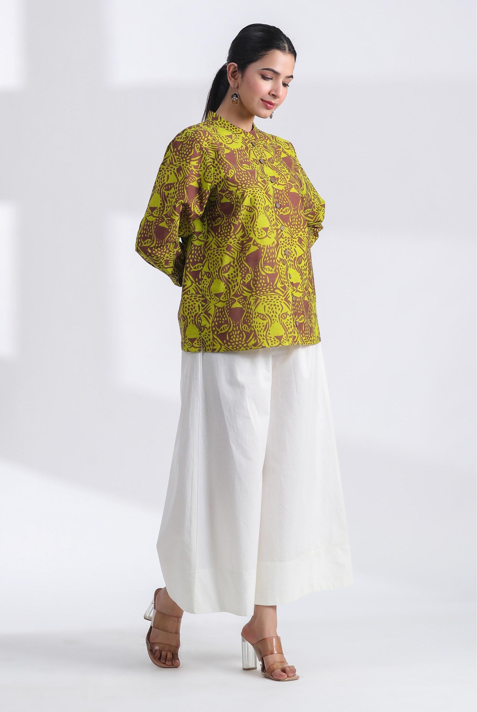 Tiger Print on Brown Lime Cotton Crop Shirt | Jaipurrang | Hand Block Print Ethnic Wear