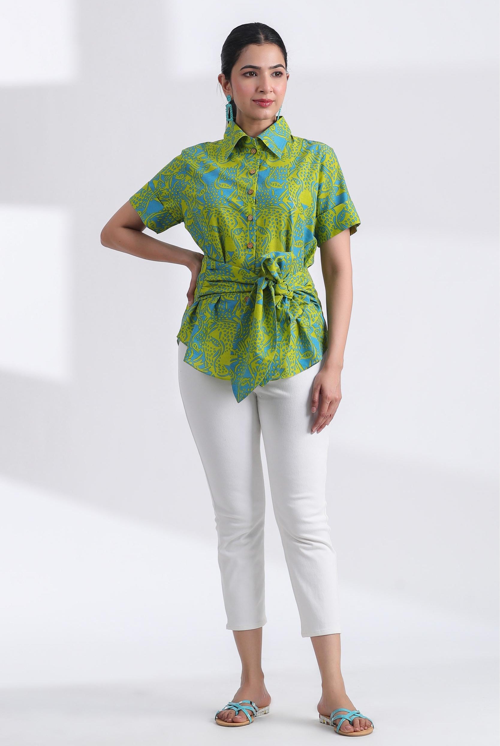 Tiger Print on Blue Lime Cotton Half Sleeve Shirt | Jaipurrang | Hand Block Print Ethnic Wear