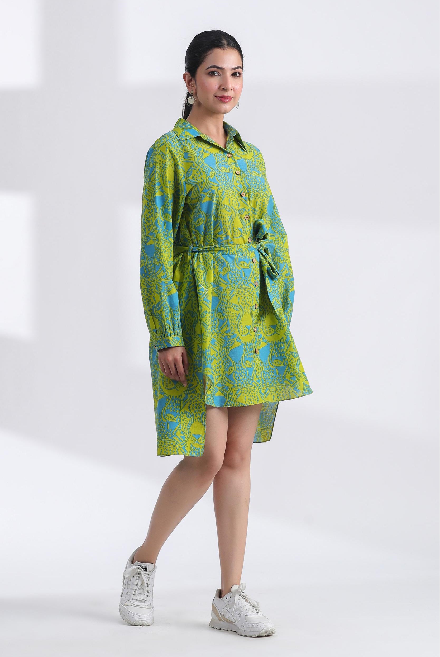 Tiger Print on Blue Lime Cotton Hi-Low Shirt | Jaipurrang | Hand Block Print Ethnic Wear