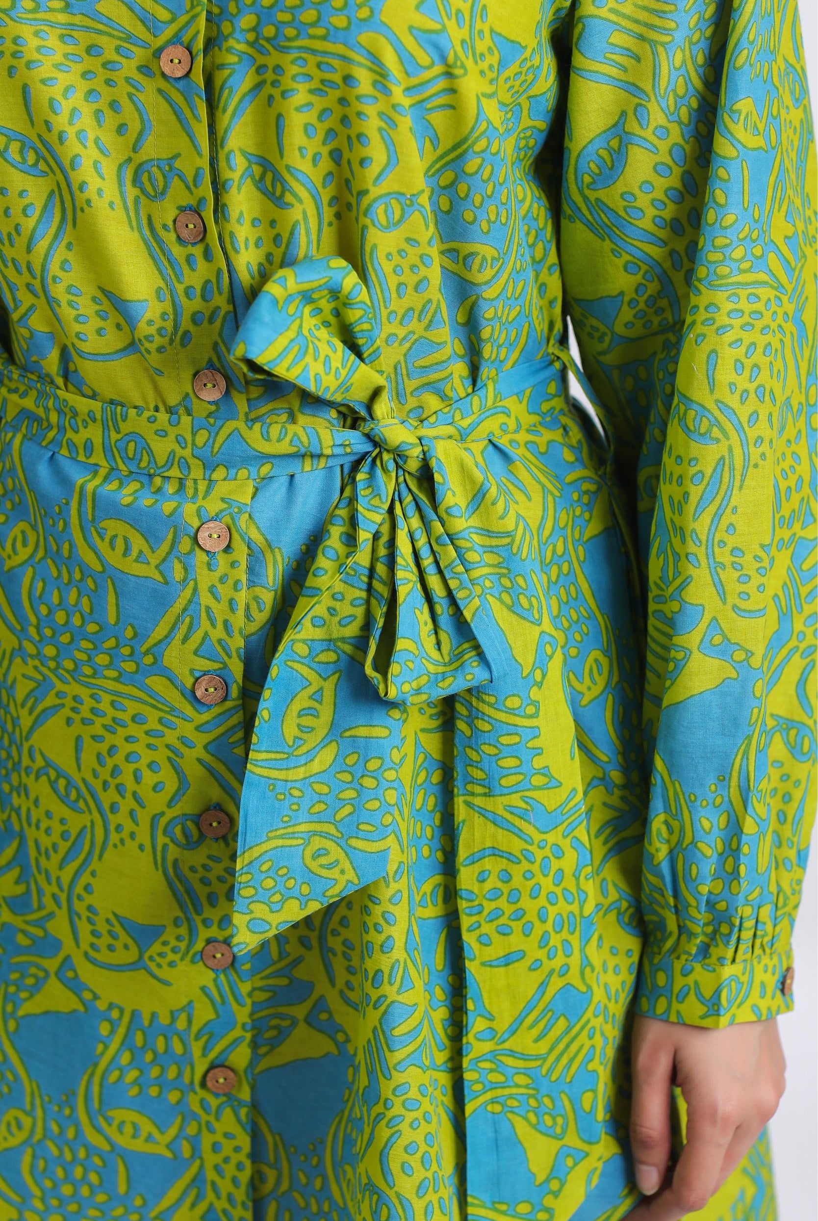 Tiger Print on Blue Lime Cotton Hi-Low Shirt | Jaipurrang | Hand Block Print Ethnic Wear