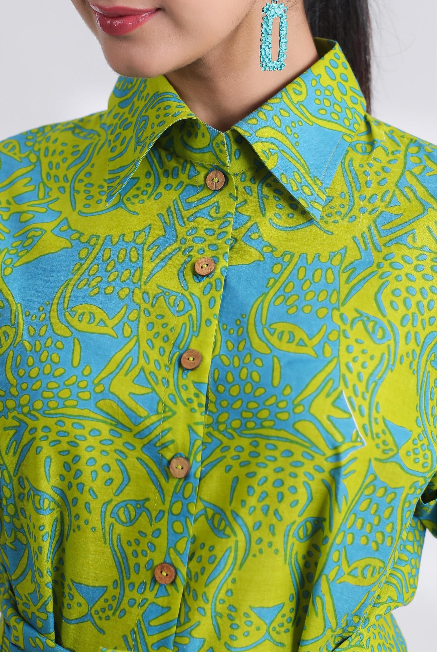 Tiger Print on Brown Lime Cotton Hi-Low Shirt | Jaipurrang | Hand Block Print Ethnic Wear