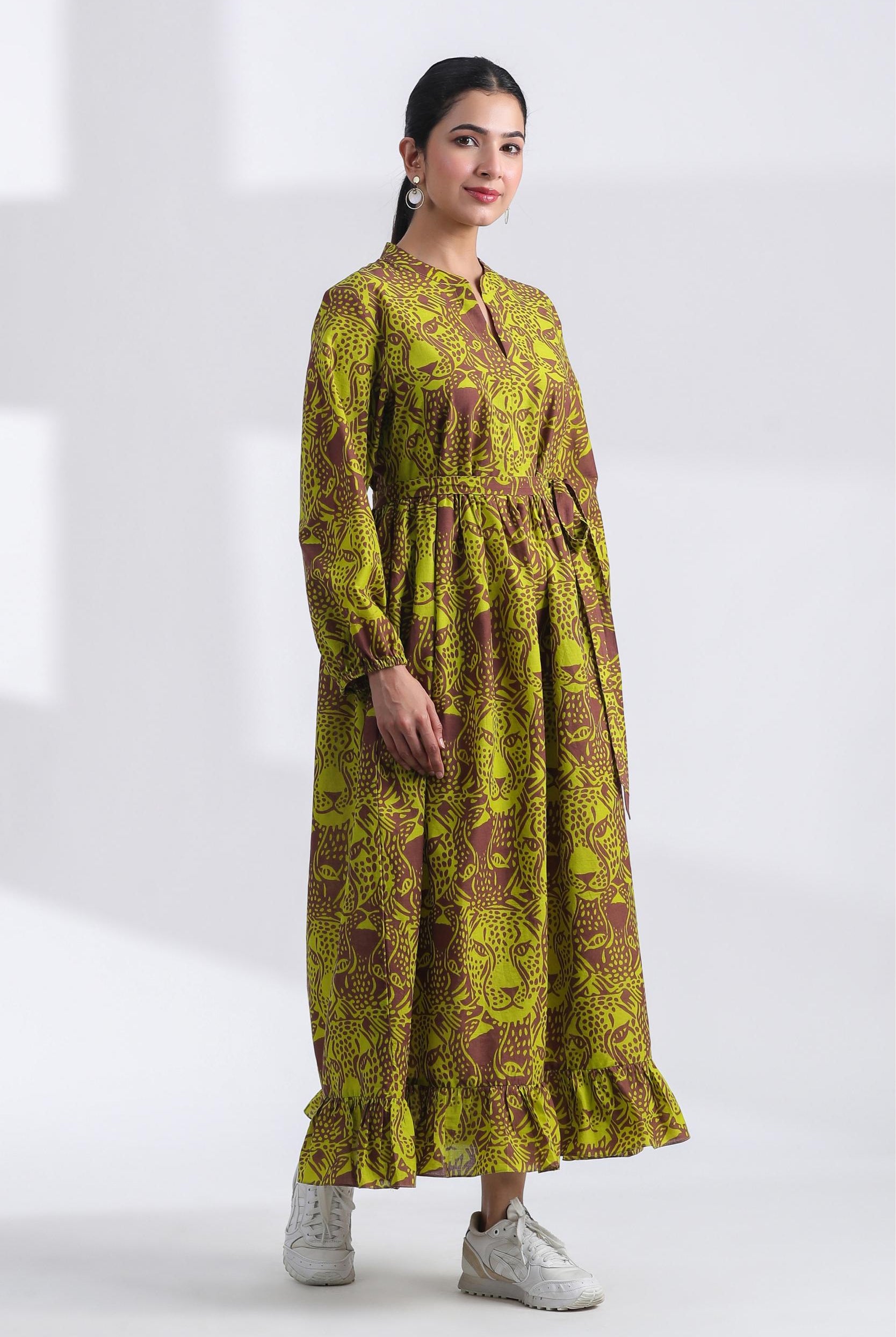 Tiger Print on Blue Lime Cotton Tiered Dress | Jaipurrang | Hand Block Print Ethnic Wear