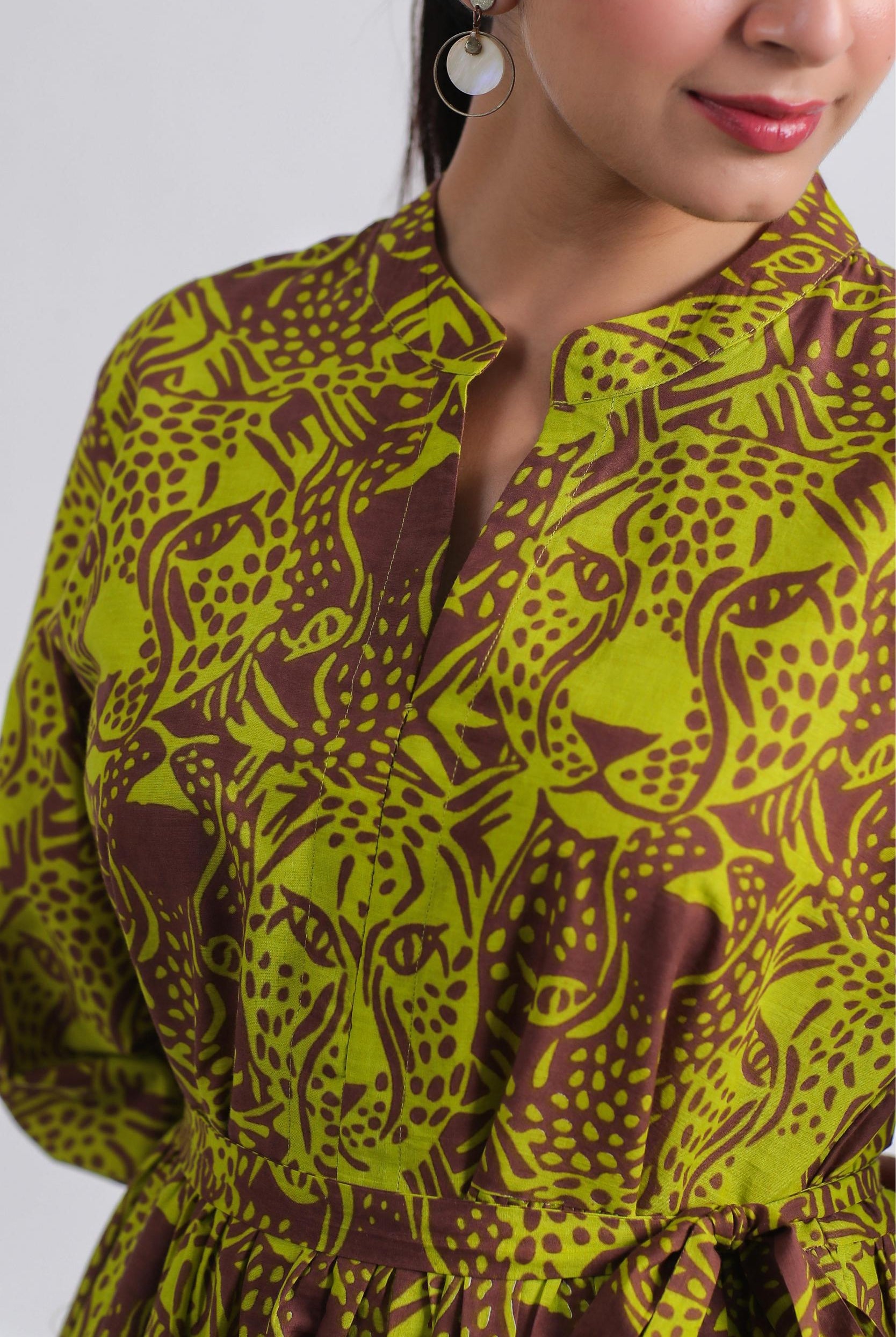Tiger Print on Blue Lime Cotton Tiered Dress | Jaipurrang | Hand Block Print Ethnic Wear
