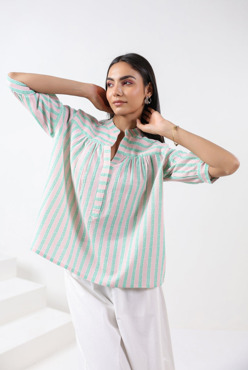 Stripe on Pink Green Cotton Shirt | Jaipurrang | Women's Ethnic Wear