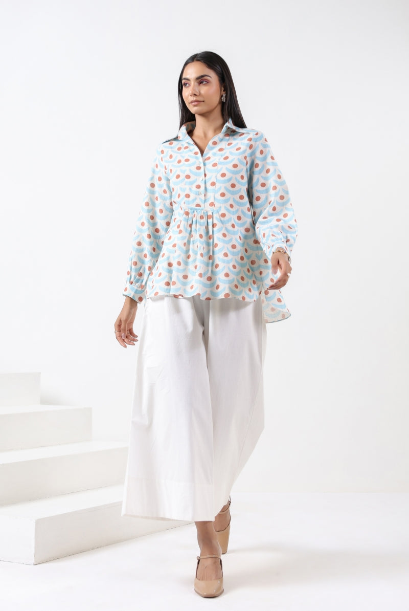 Chand Print on Turquoise Brown Cotton Top | Jaipurrang | Women's Ethnic Wear