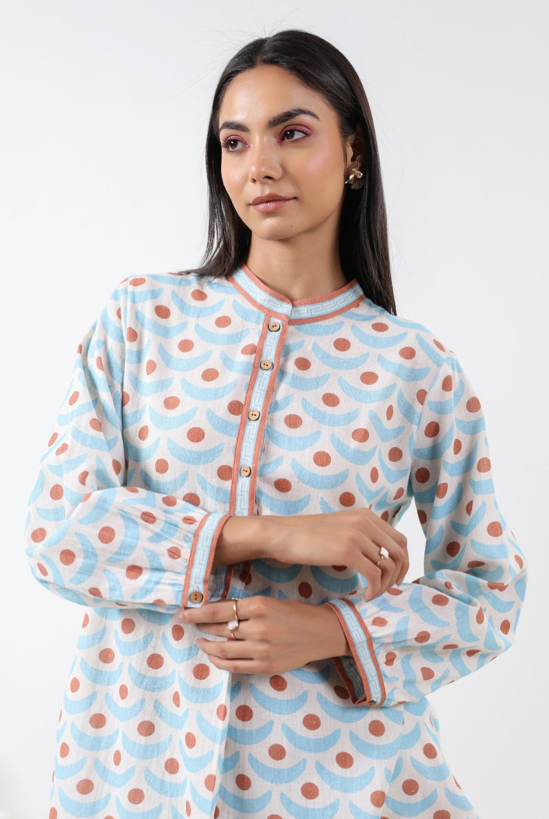 Chand Print on Turquoise Brown Cotton Shirt Co-ord Set | Jaipurrang | Women's Ethnic Wear