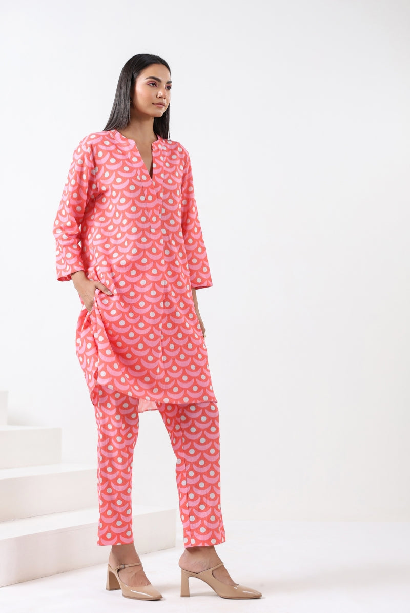 Chand Print on Red Pink Cotton Shirt Co-ord Set | Jaipurrang | Women's Ethnic Wear