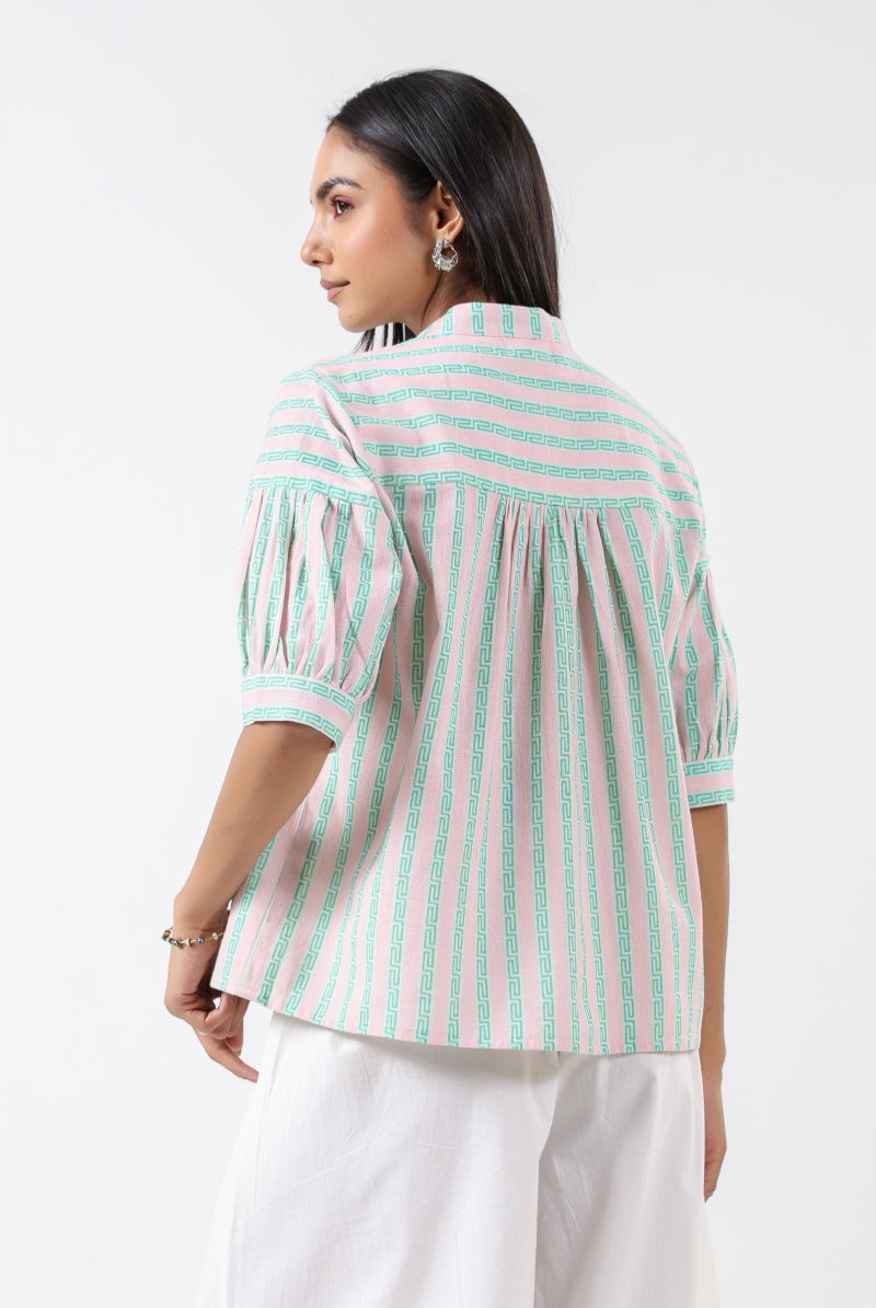 Stripe on Pink Green Cotton Shirt | Jaipurrang | Women's Ethnic Wear