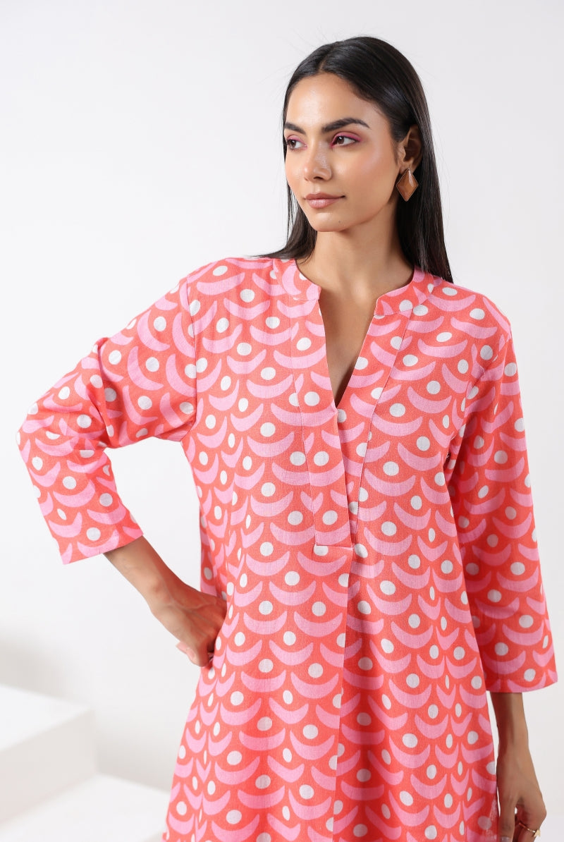 Chand Print on Red Pink Cotton Shirt Co-ord Set | Jaipurrang | Women's Ethnic Wear