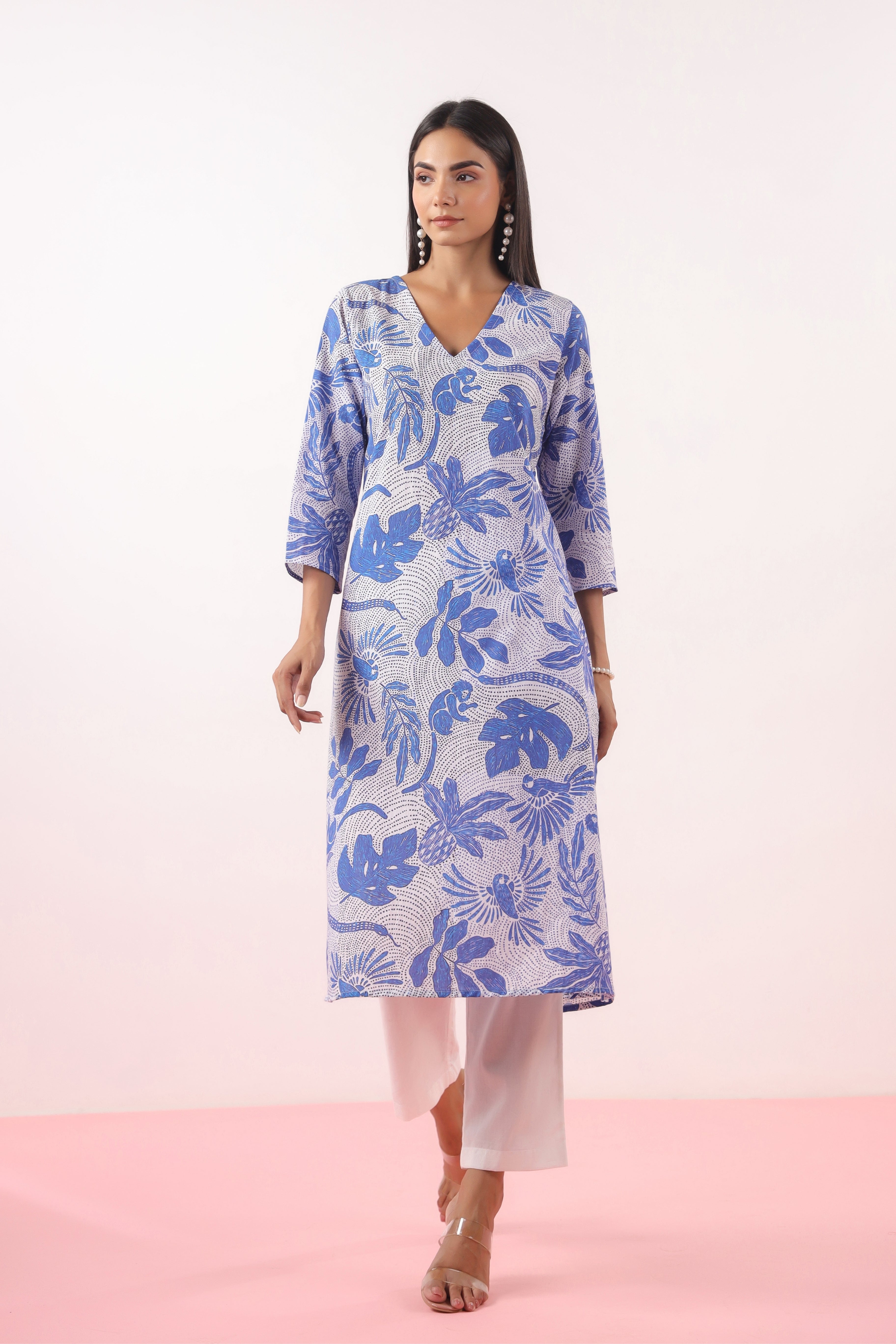 Blue Cotton Bird Printed V-Neck Straight Kurta | Jaipurrang | Hand Block Print Ethnic Wear