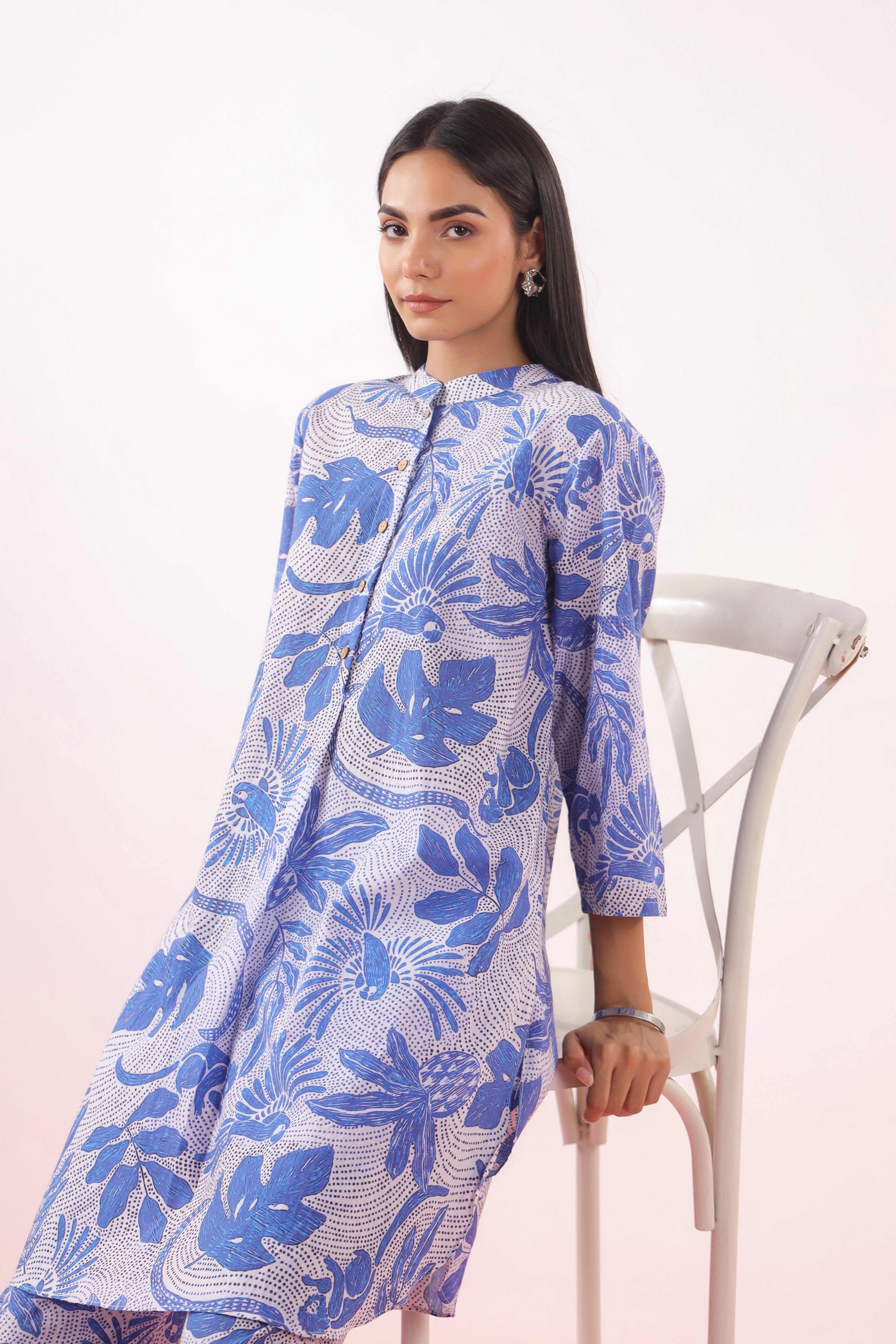 Bird Print on Blue Cotton Shirt Co-ord Set | Jaipurrang | Women's Ethnic Wear