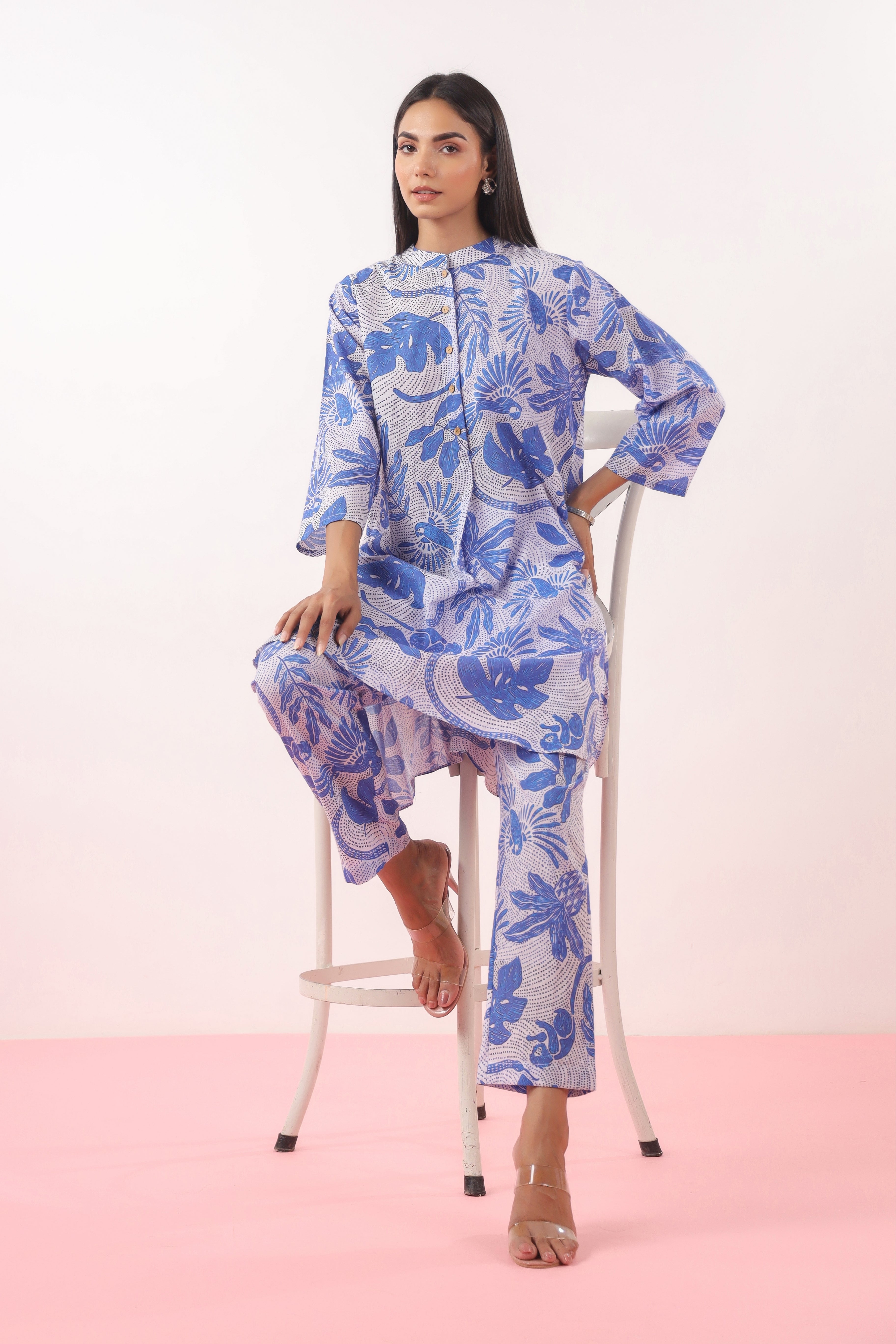 Bird Print on Blue Cotton Shirt Co-ord Set | Jaipurrang | Women's Ethnic Wear