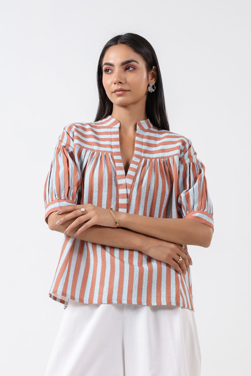 TURQUOISE/BROWN STRIPE SHIRT