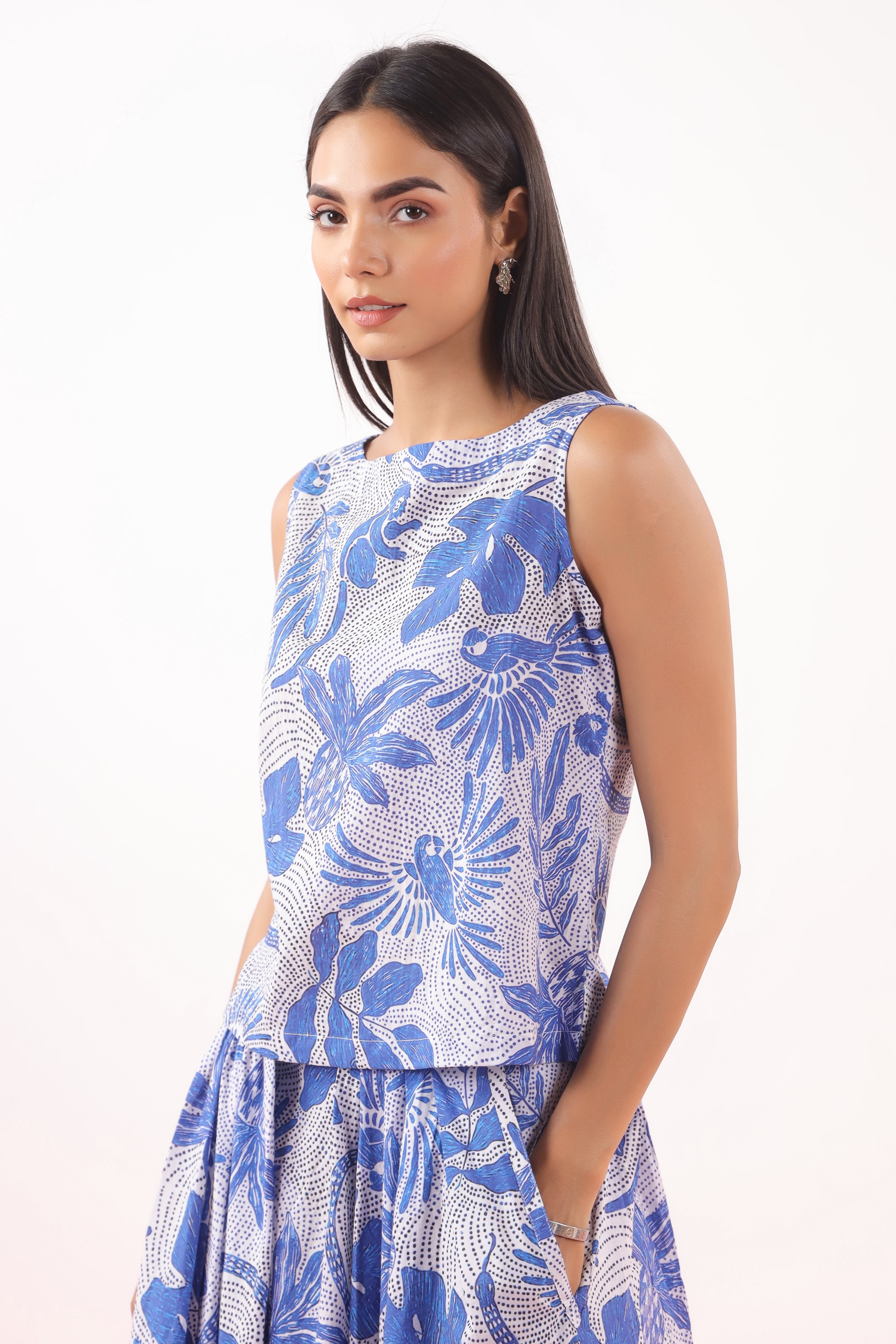 Bird Print on Blue Cotton Sleeveless Top | Jaipurrang | Women's Ethnic Wear
