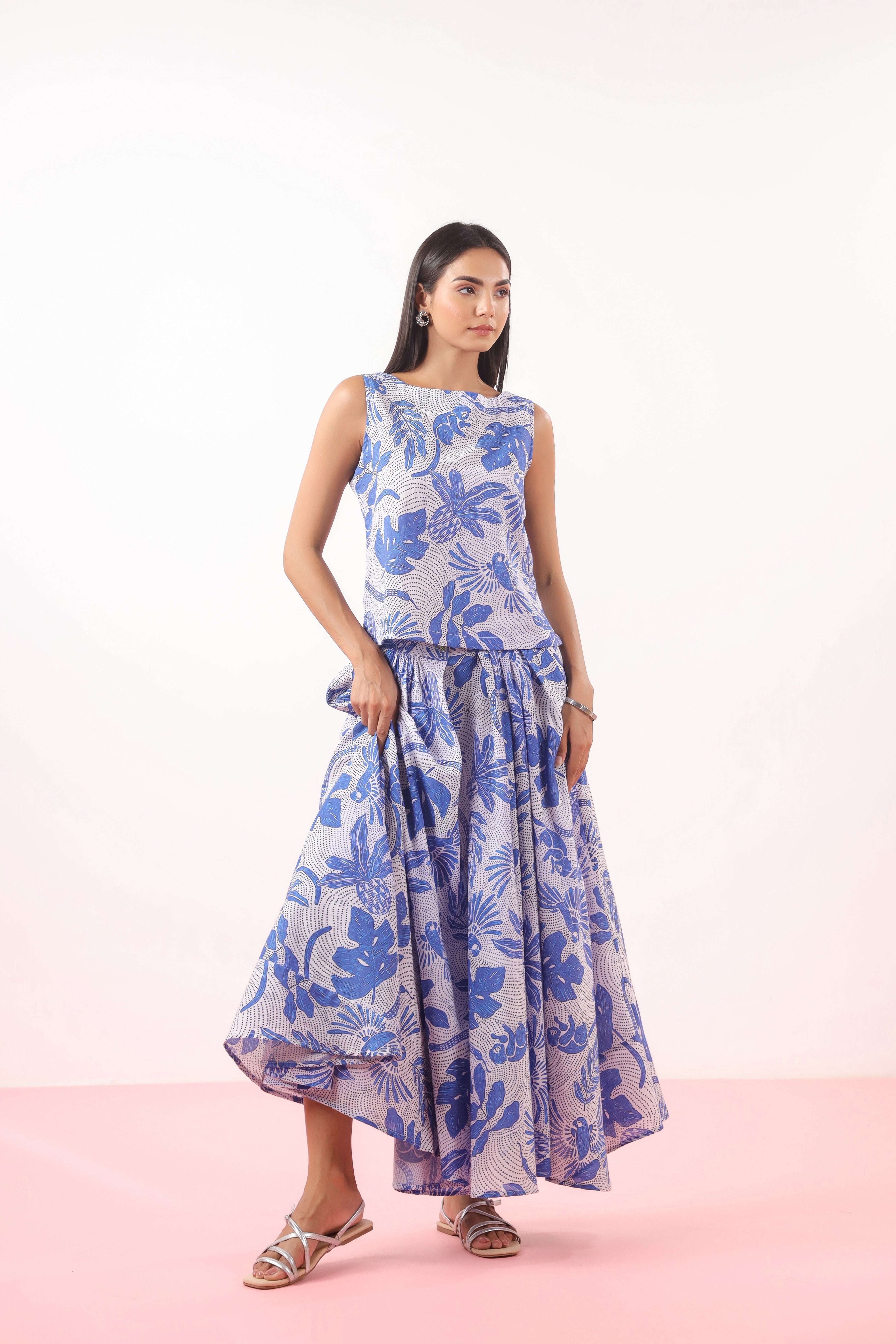 Bird Print on Blue Cotton Skirt | Jaipurrang | Women's Ethnic Wear