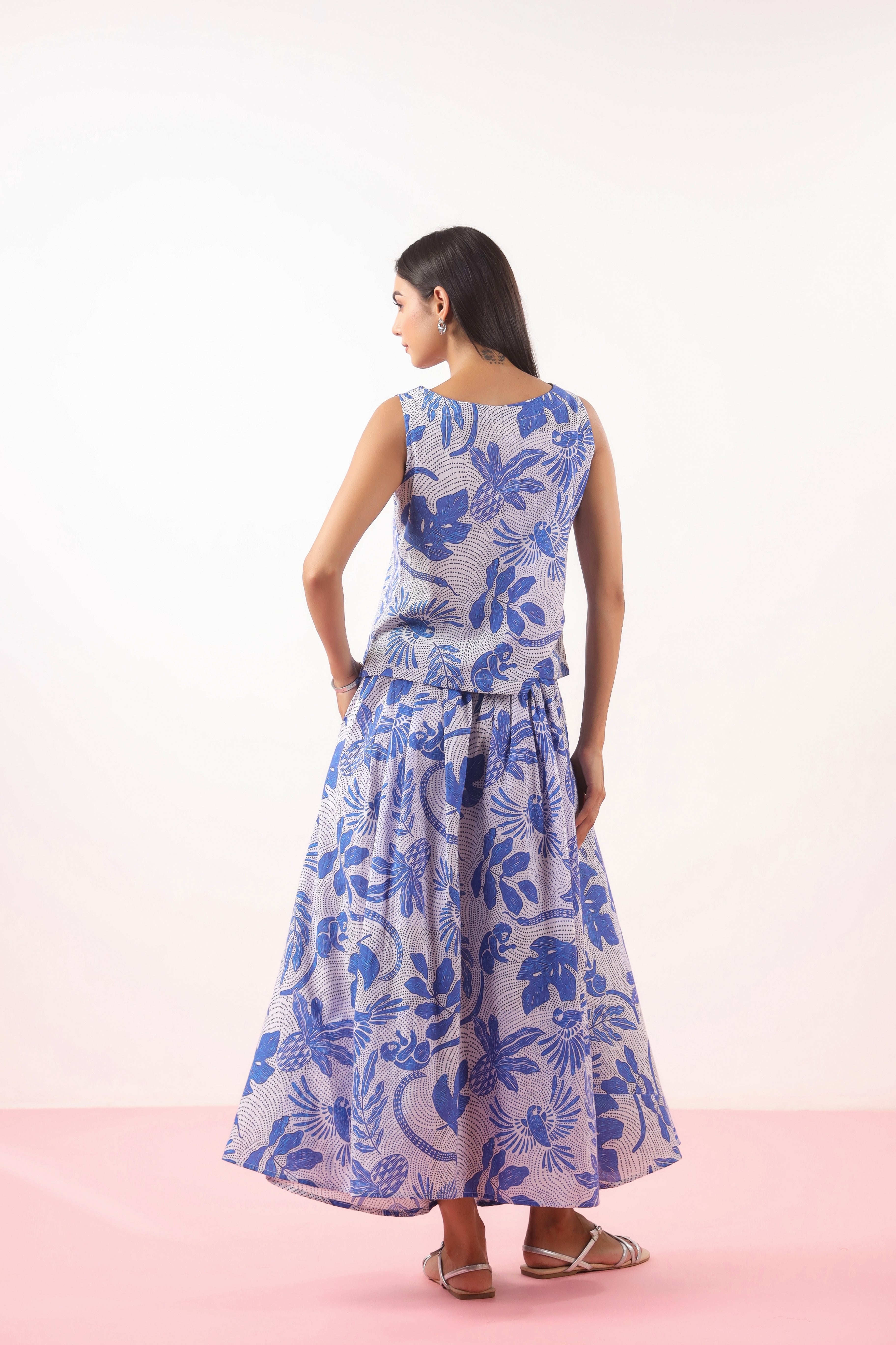Bird Print on Blue Cotton Skirt | Jaipurrang | Women's Ethnic Wear