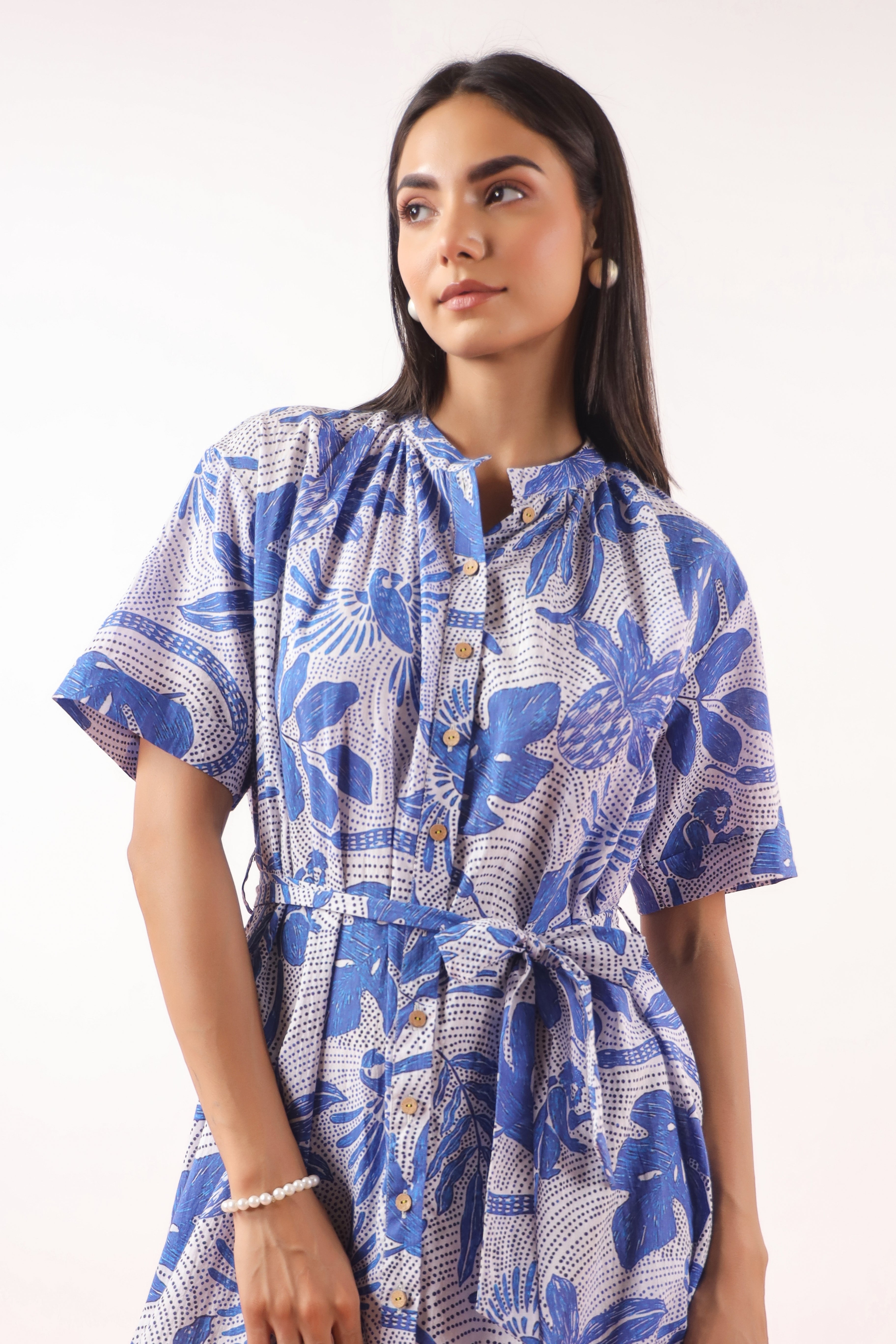 Bird Print on Blue Cotton Dress | Jaipurrang | Women's Ethnic Wear