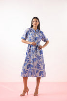 Bird Print on Blue Cotton Dress | Jaipurrang | Women's Ethnic Wear