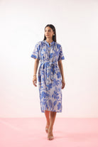 Bird Print on Blue Cotton Dress | Jaipurrang | Women's Ethnic Wear