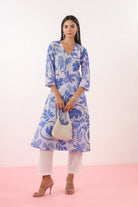 Blue Cotton Bird Printed V-Neck Straight Kurta | Jaipurrang | Hand Block Print Ethnic Wear