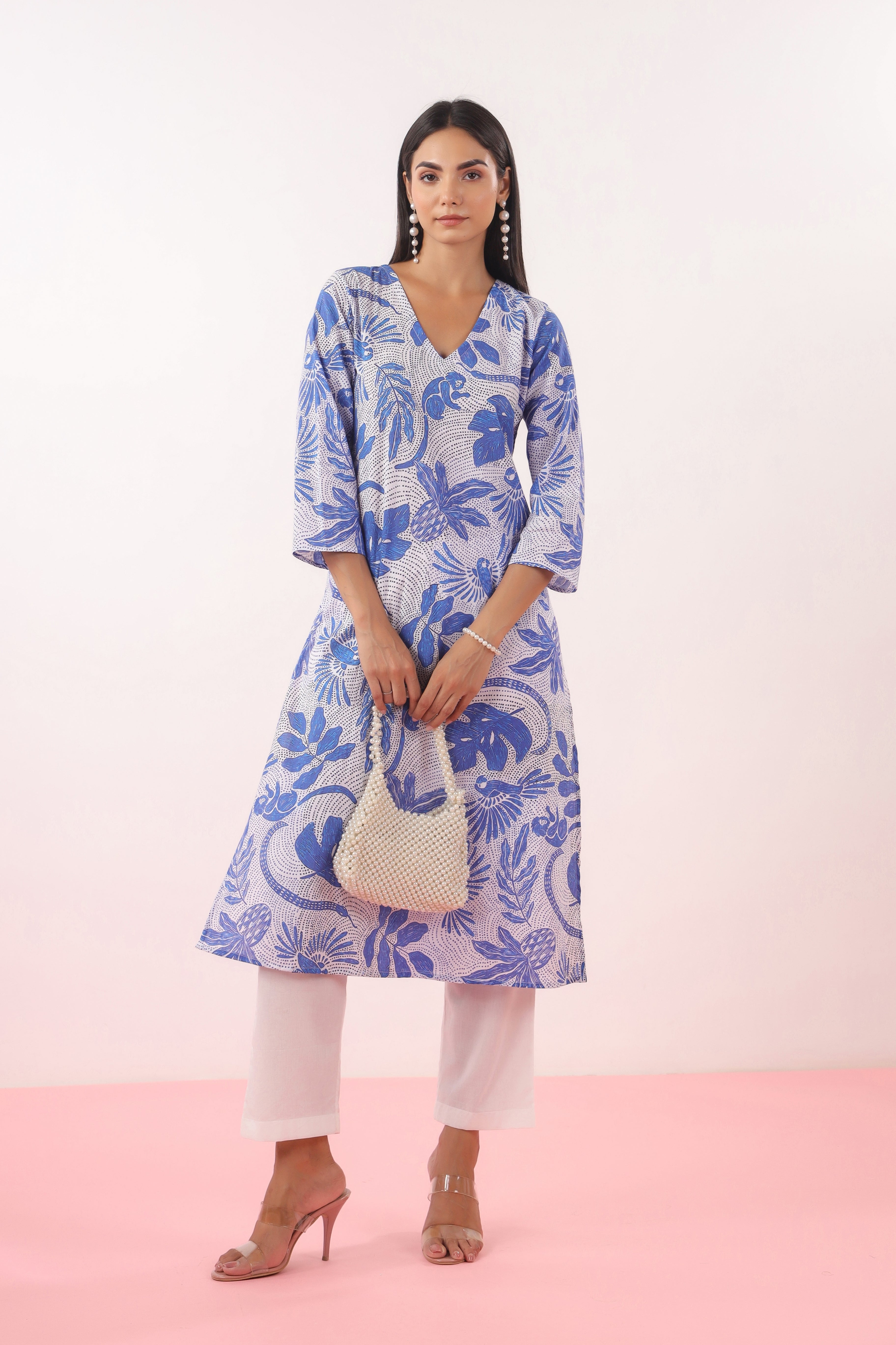 Blue Cotton Bird Printed V-Neck Straight Kurta | Jaipurrang | Hand Block Print Ethnic Wear