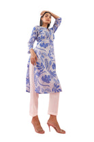 Blue Cotton Bird Printed V-Neck Straight Kurta | Jaipurrang | Hand Block Print Ethnic Wear