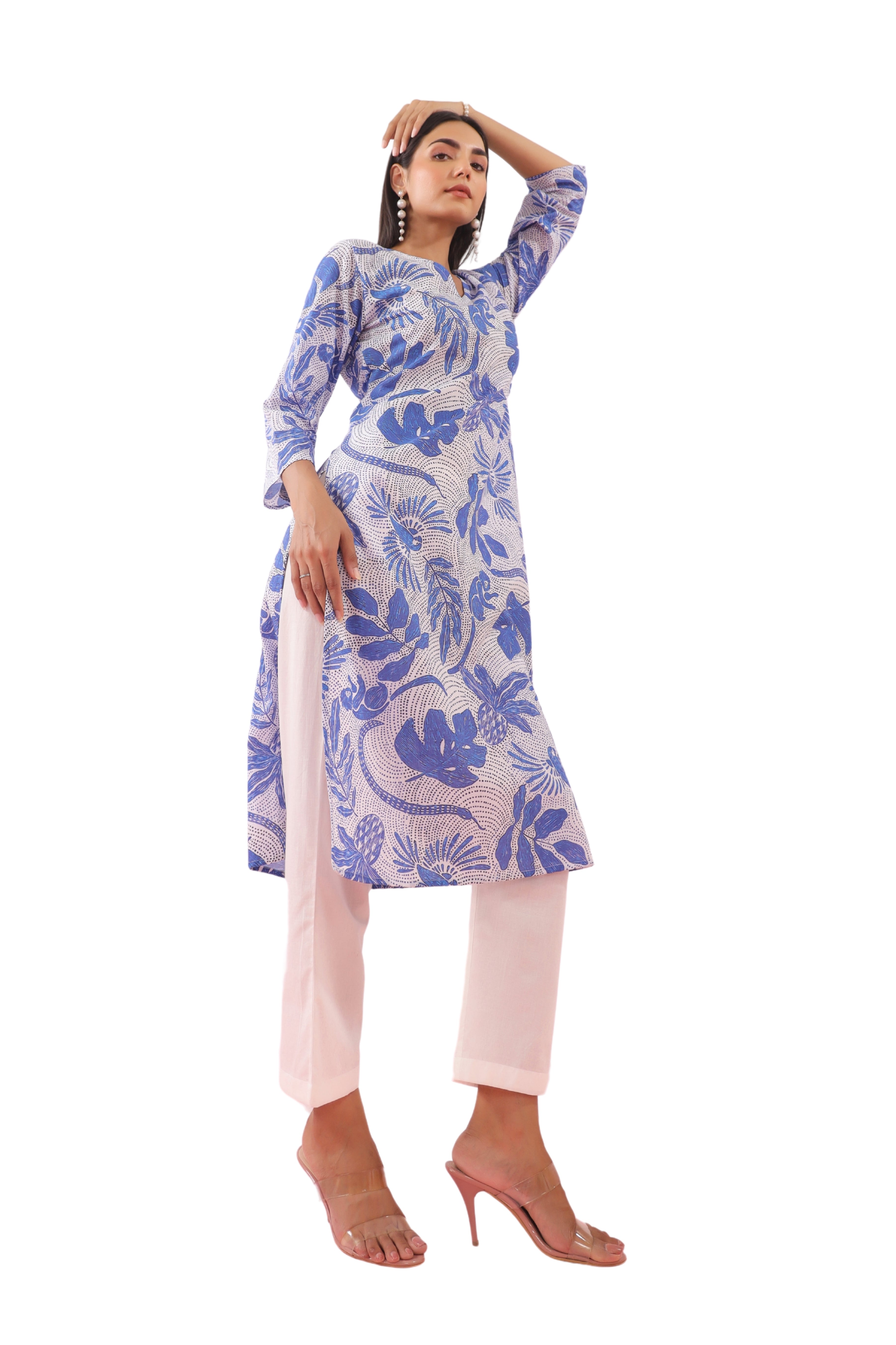 Blue Cotton Bird Printed V-Neck Straight Kurta | Jaipurrang | Hand Block Print Ethnic Wear