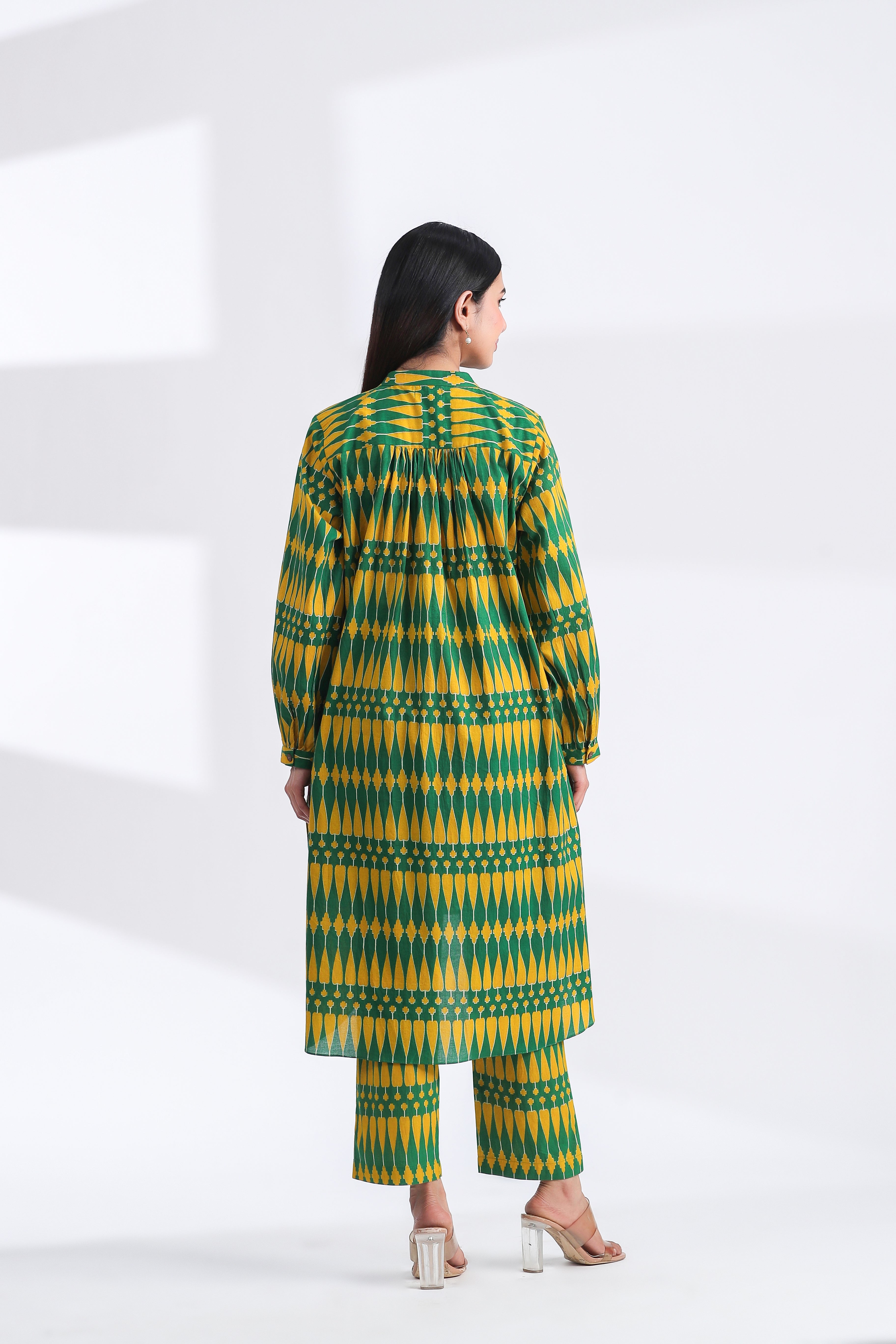 Kilim Print on Green Yellow Cotton Shirt Co-ord Set | Jaipurrang | Women's Ethnic Wear