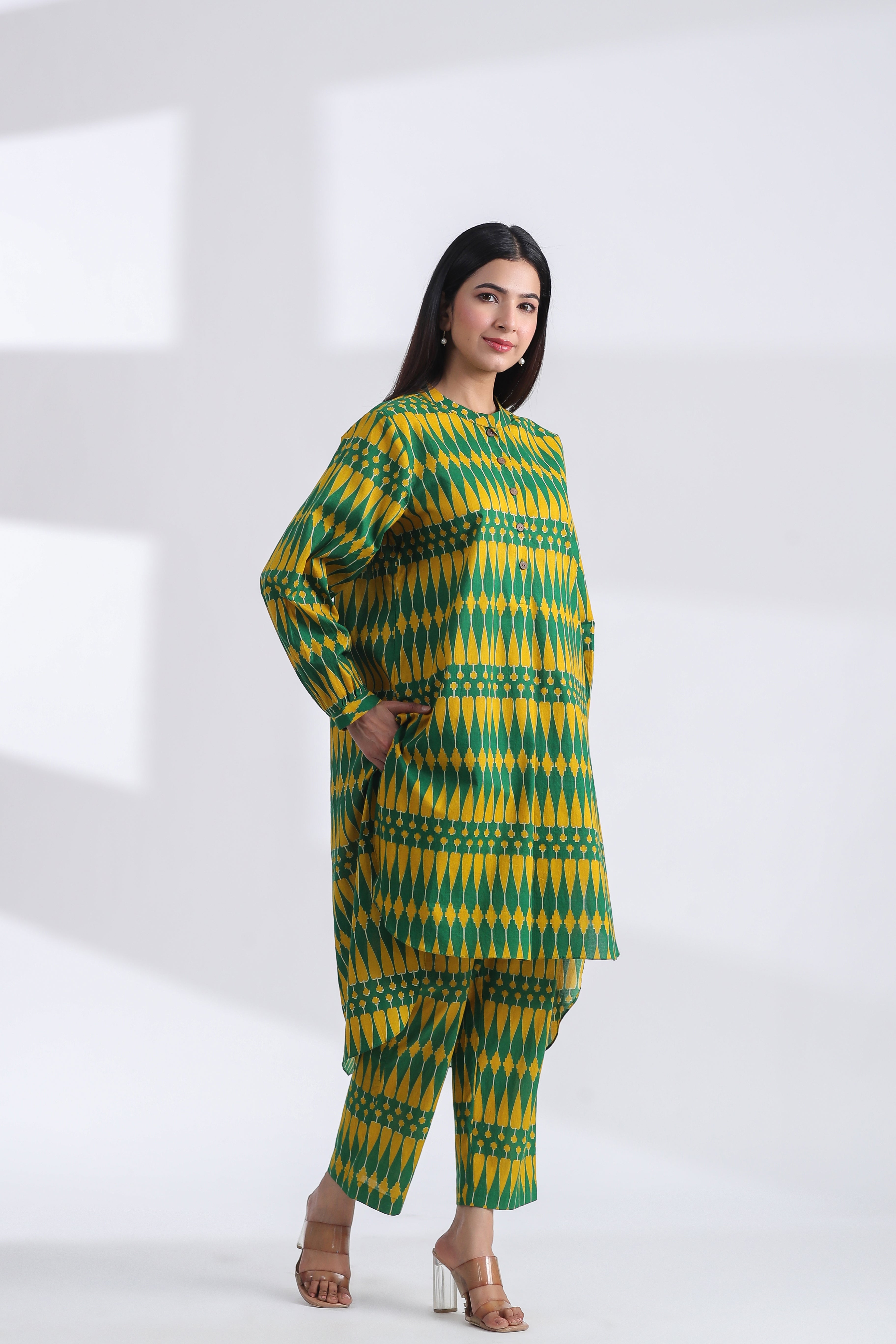 Kilim Print on Green Yellow Cotton Shirt Co-ord Set | Jaipurrang | Women's Ethnic Wear