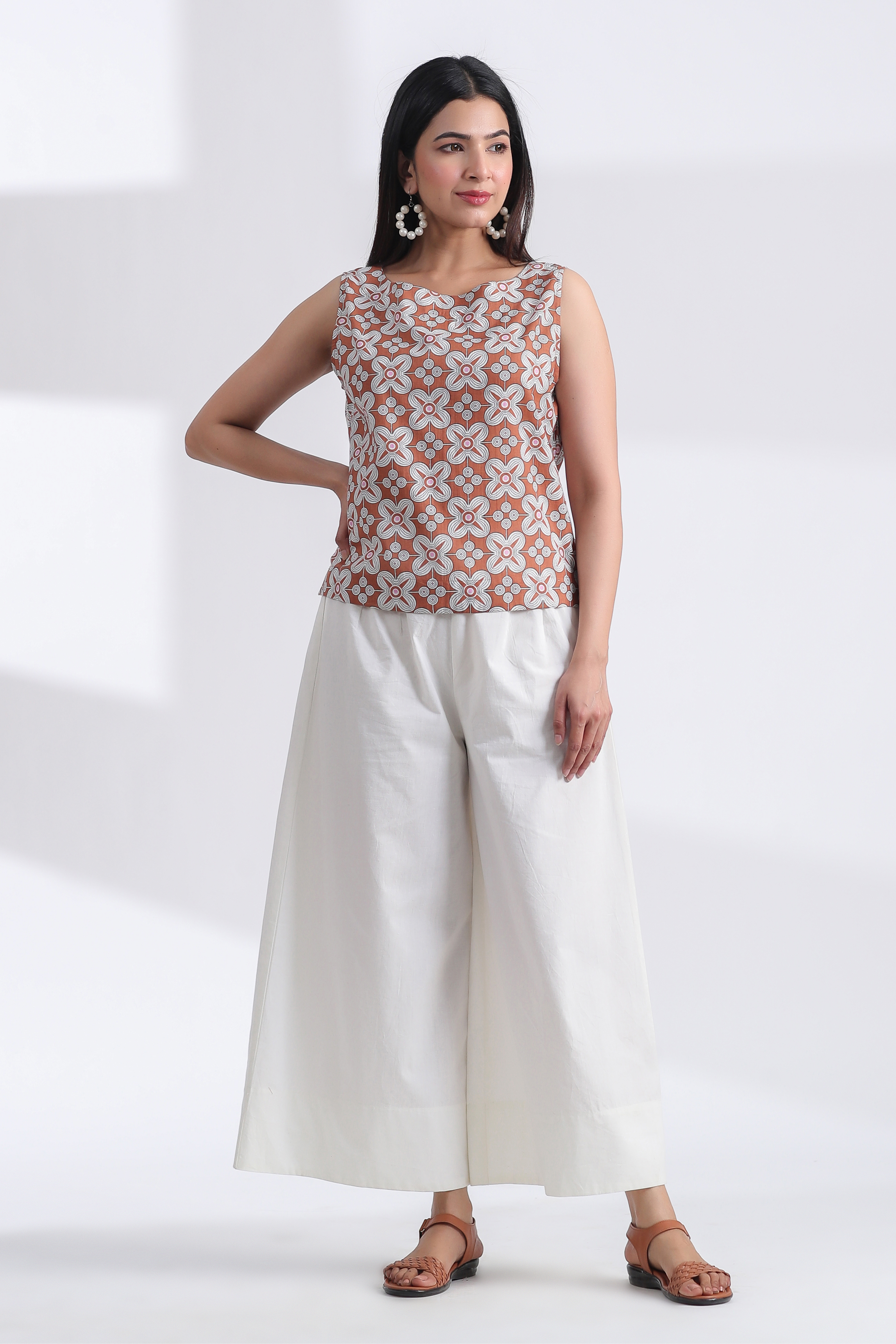 Geometric Print on Brown Ivory Cotton Round Neck Crop Top | Jaipurrang | Hand Block Print Ethnic Wear