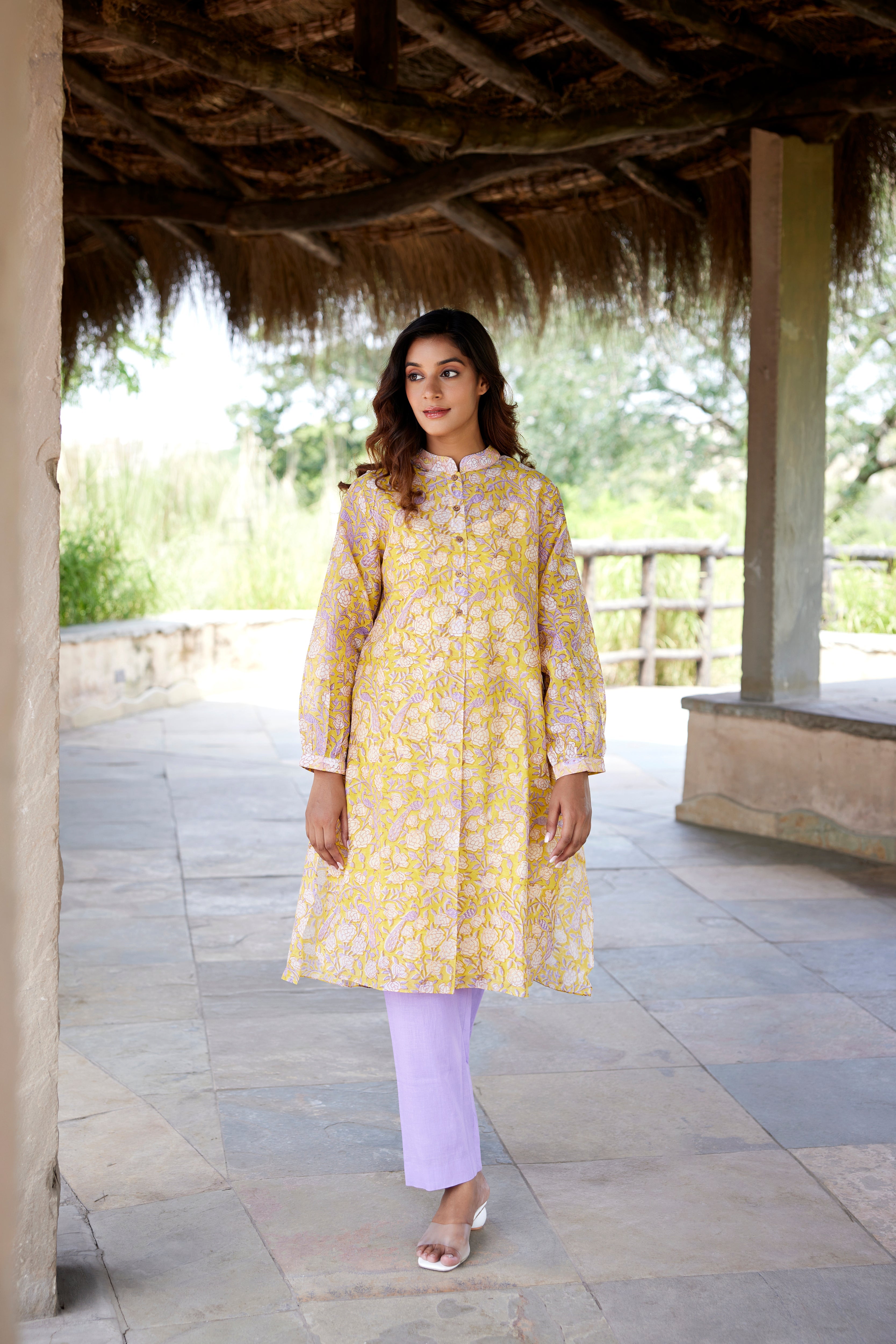 Yellow Chanderi Peacock Block Printed Kurta | Jaipurrang | Hand Block Print Ethnic Wear